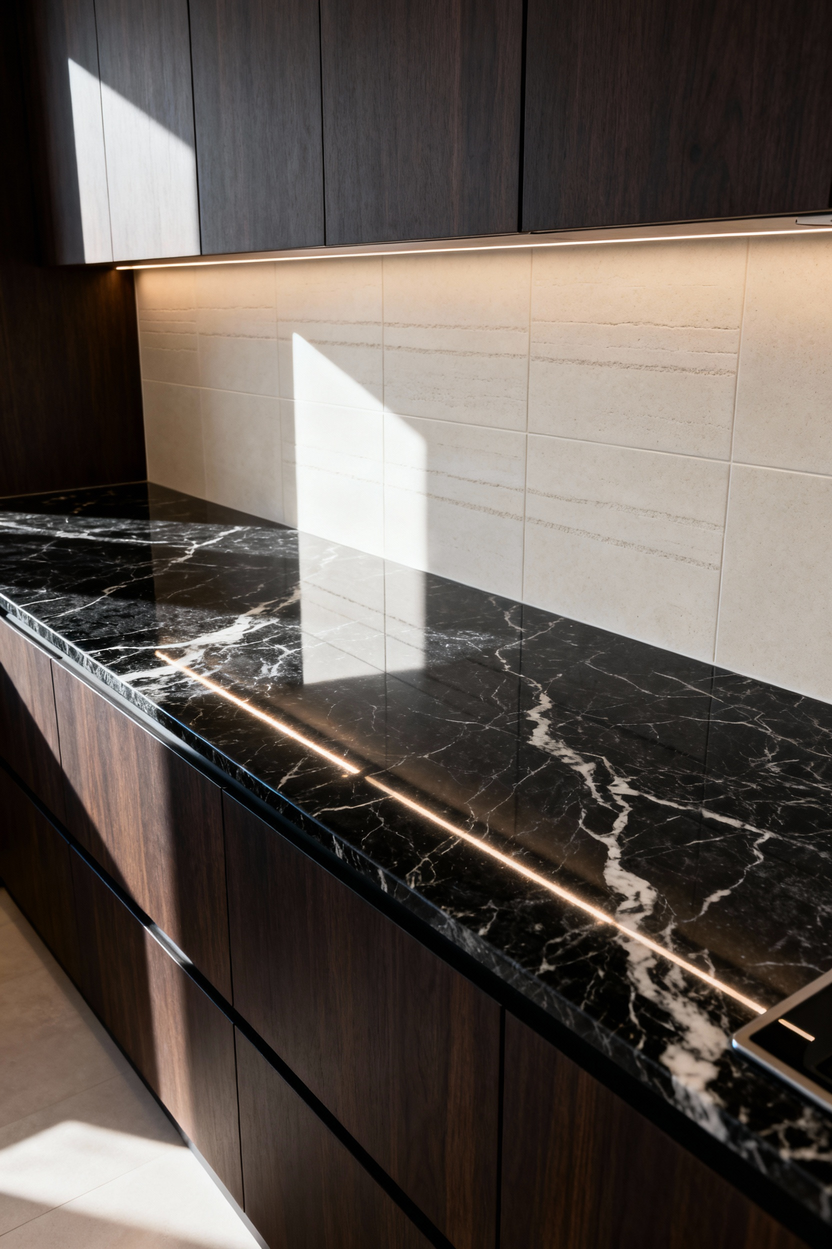 Luxury kitchen design showcasing a dramatic contrast between a highly polished black granite countertop and a matte, light ivory honed porcelain tile backsplash.