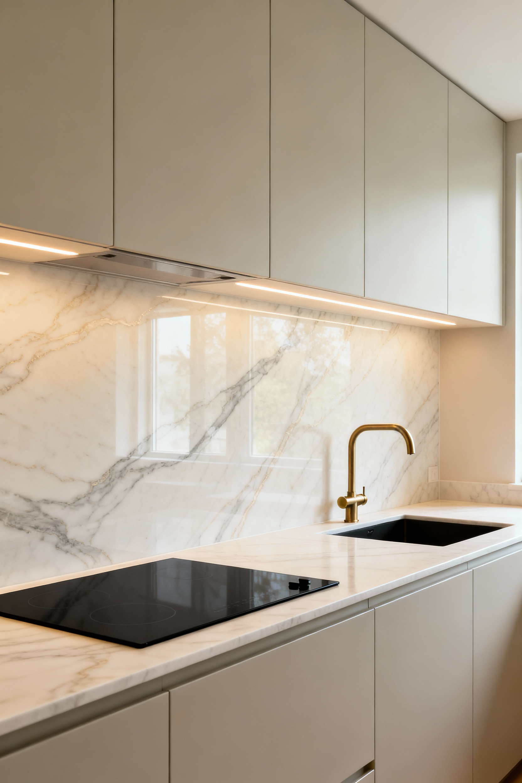 Full-height slab kitchen backsplash and matching countertop made of creamy white quartzite, illustrating tonal continuity and the Quiet Luxury aesthetic in a modern kitchen design.