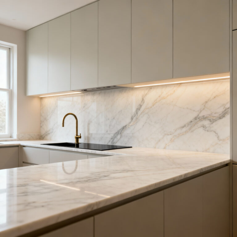 Full-height slab kitchen backsplash and matching countertop made of creamy white quartzite, illustrating tonal continuity and the Quiet Luxury aesthetic in a modern kitchen design.