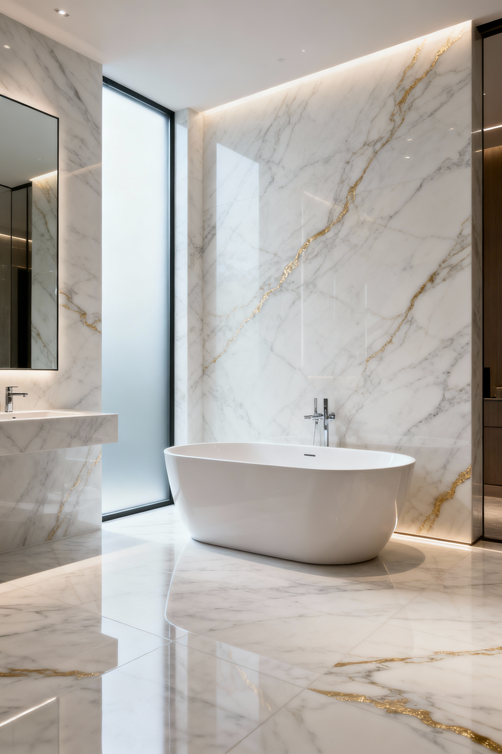 Luxurious modern bathroom featuring expansive, seamless large-format Calacatta gold porcelain slabs on the floor and wall, showcasing architectural continuity and minimalist design.