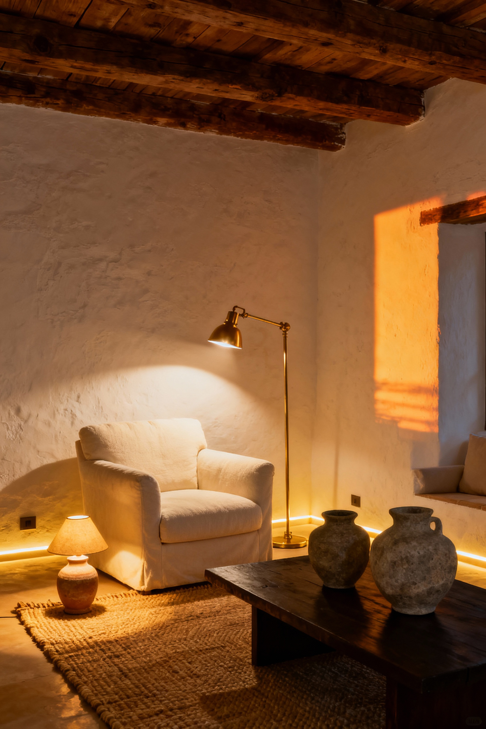 A cozy Mediterranean-style living room illuminated by three distinct layers of golden 2800K light sources, showcasing warm ambient, task, and accent fixtures against rustic stone and textured decor.