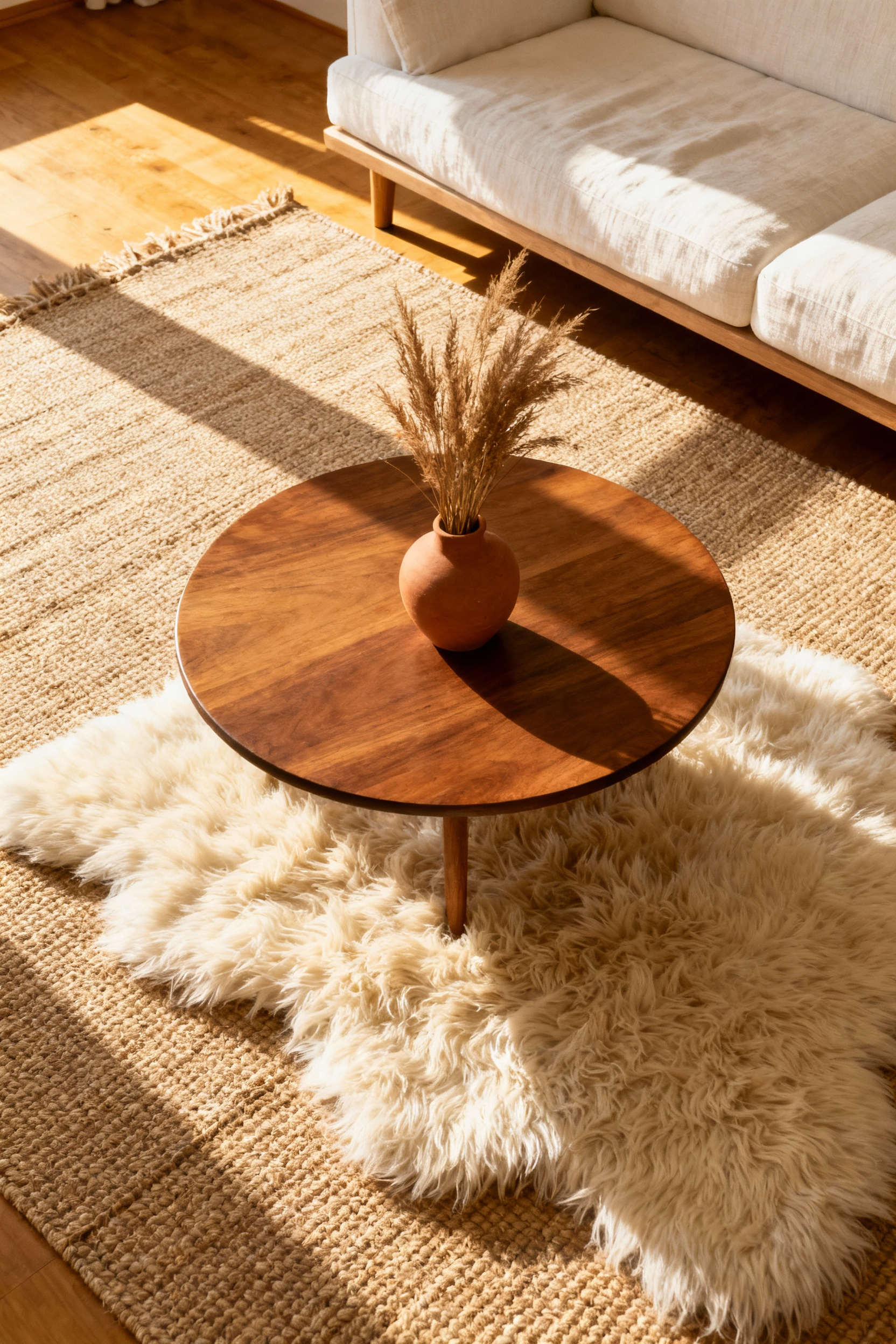 A cozy living room featuring a layered floor treatment: a large natural jute rug anchors the space beneath a neutral linen sofa, topped by a smaller, thick, high-pile cream wool rug.