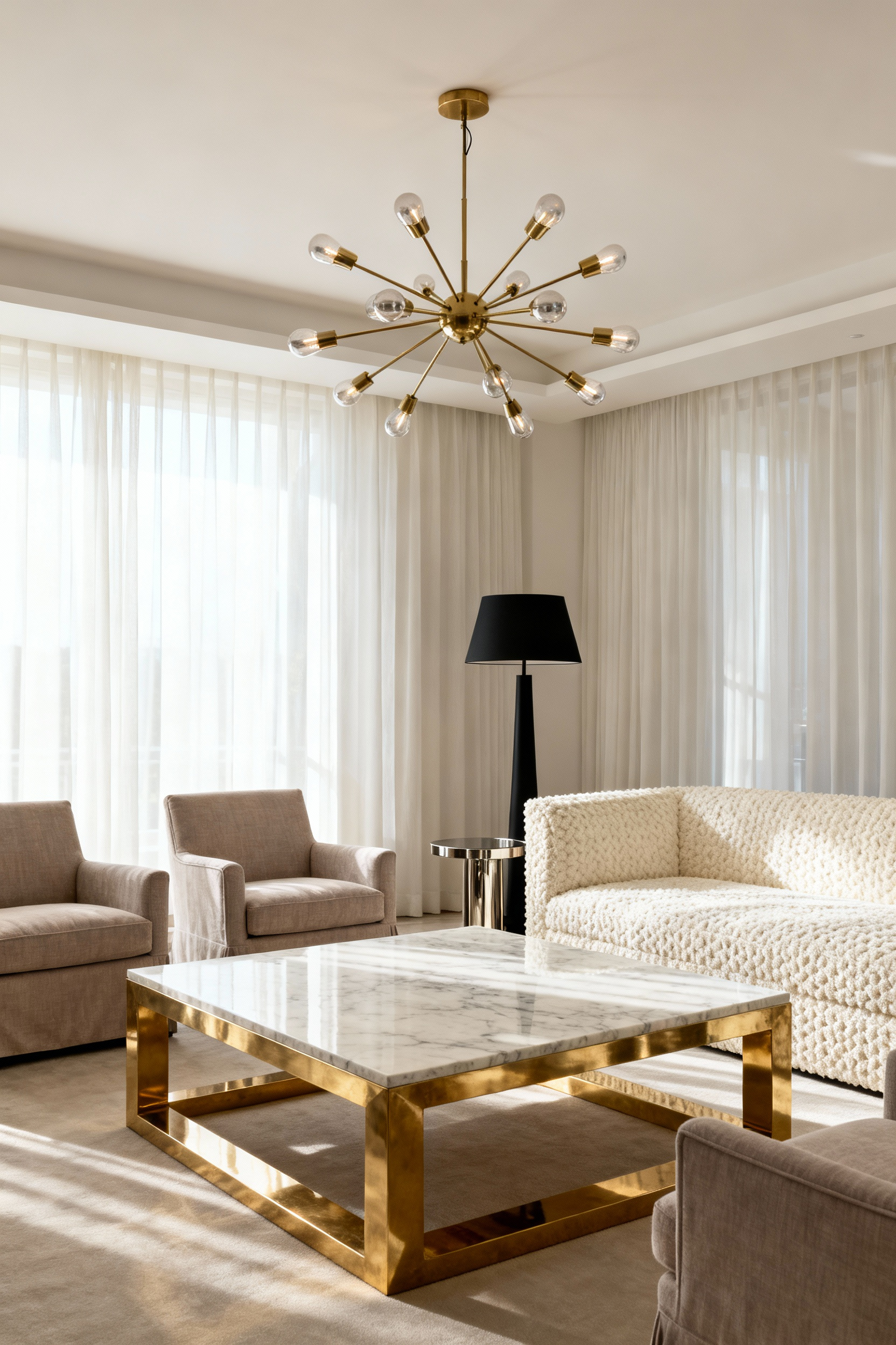 A wide-angle view of a modern living room featuring warm polished brass hardware on the coffee table and chandelier, contrasting with matte black and brushed nickel accents to illustrate mixed metal styling in luxury furniture.