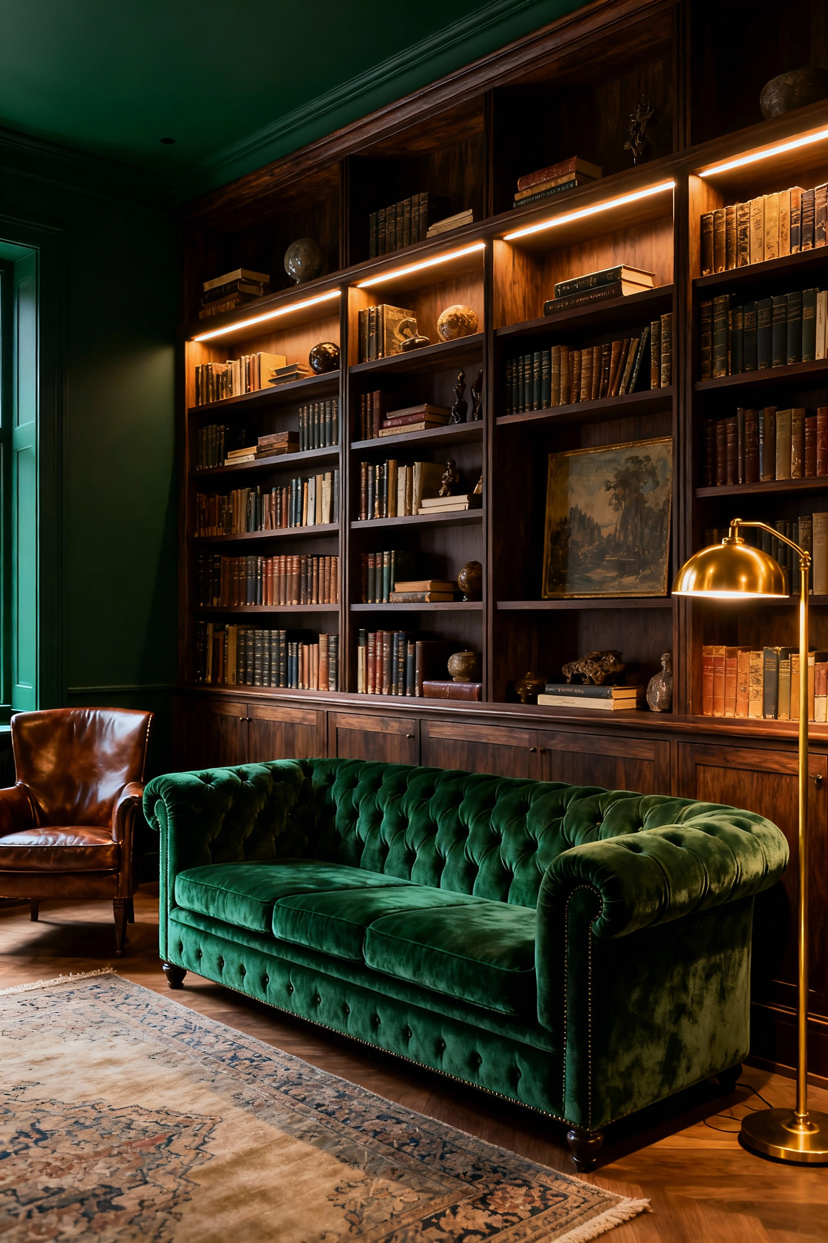 Luxurious library lounge living room featuring dark walnut built-in bookshelves, an emerald green velvet sofa, and warm lighting, embodying the intellectual nest aesthetic.