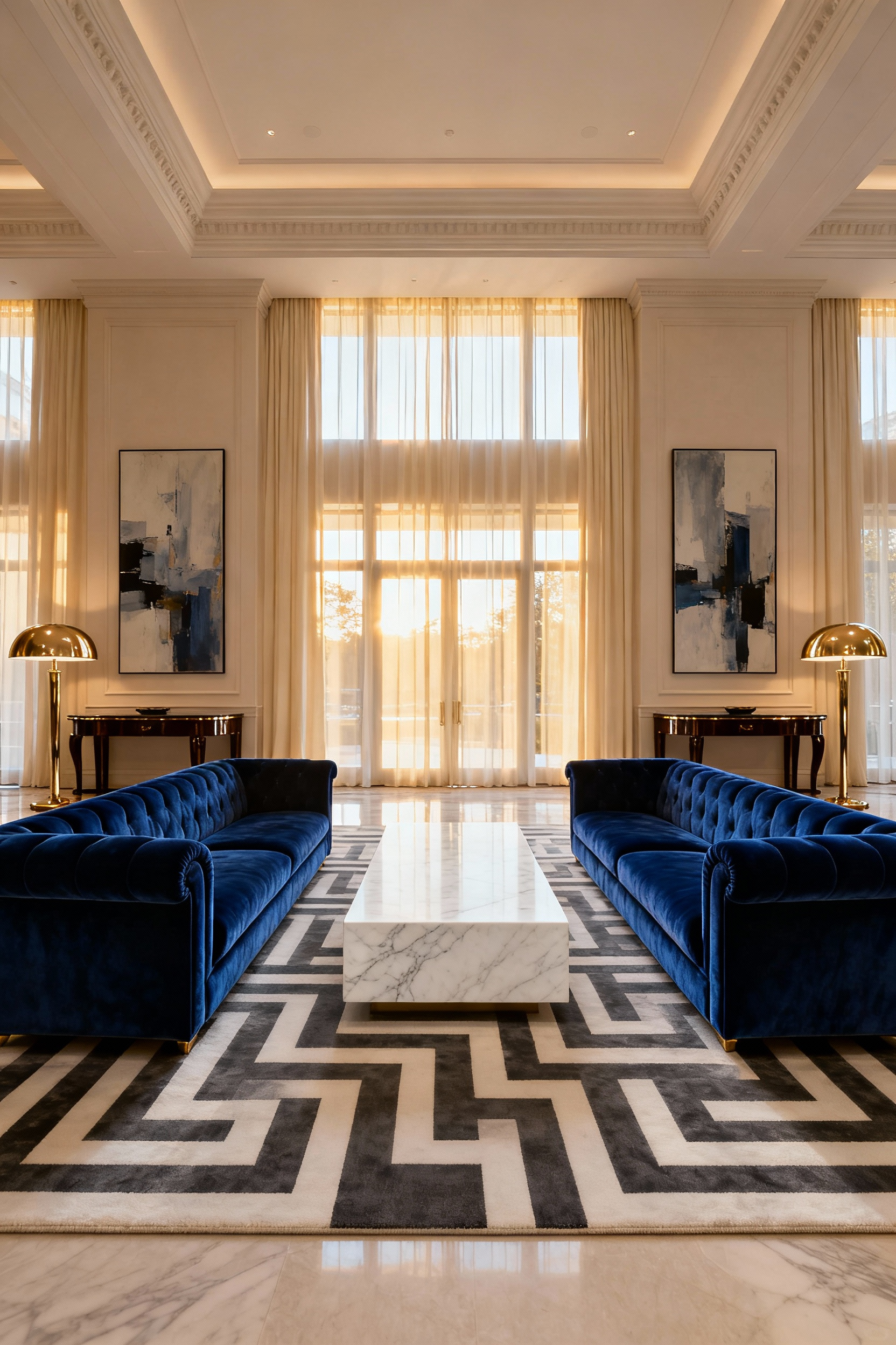 High-resolution photograph of a formal living room featuring the 'Lobby' configuration, characterized by two identical sapphire velvet sofas facing each other symmetrically across a marble coffee table.