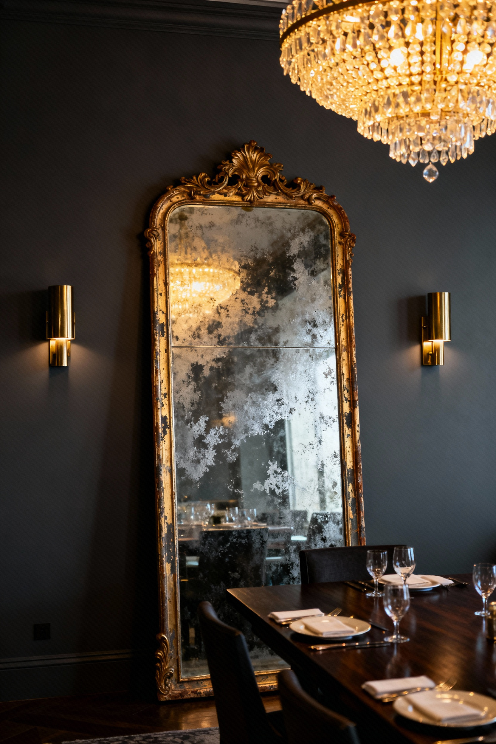 Oversized antiqued gold-framed leaner mirror reflecting warm candlelight and a crystal chandelier in a luxurious, transitional dining room.