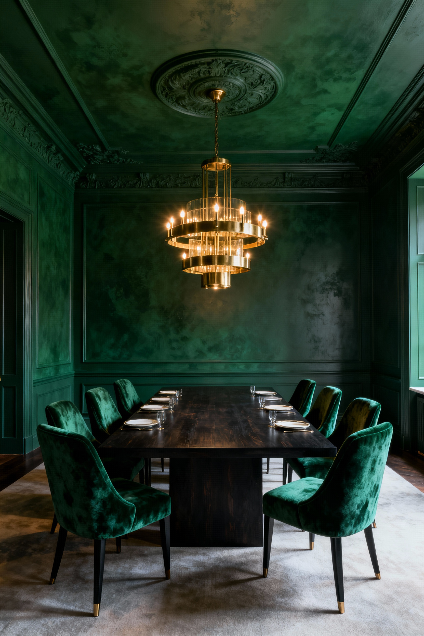 A photograph of an opulent dining room interior where the walls, crown molding, and ceiling are painted a continuous, deep forest green tone, illustrating the