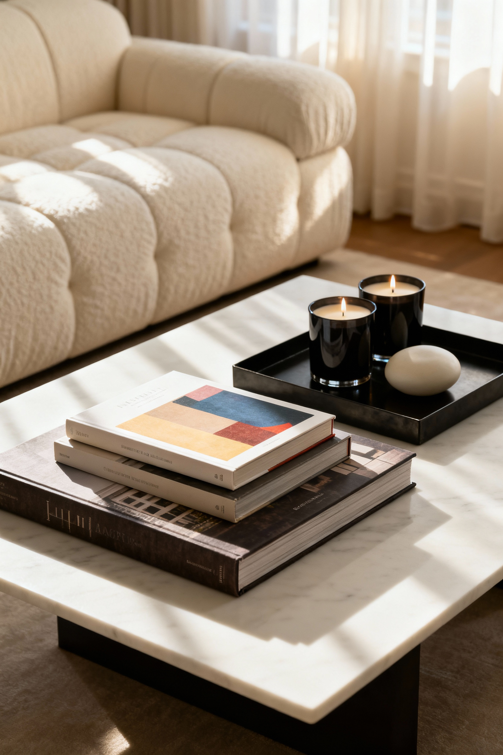 A full shot of a luxurious living room coffee table featuring a curated stack of large-format design books used as a visual anchor, layered with a decorative candle and metal tray.
