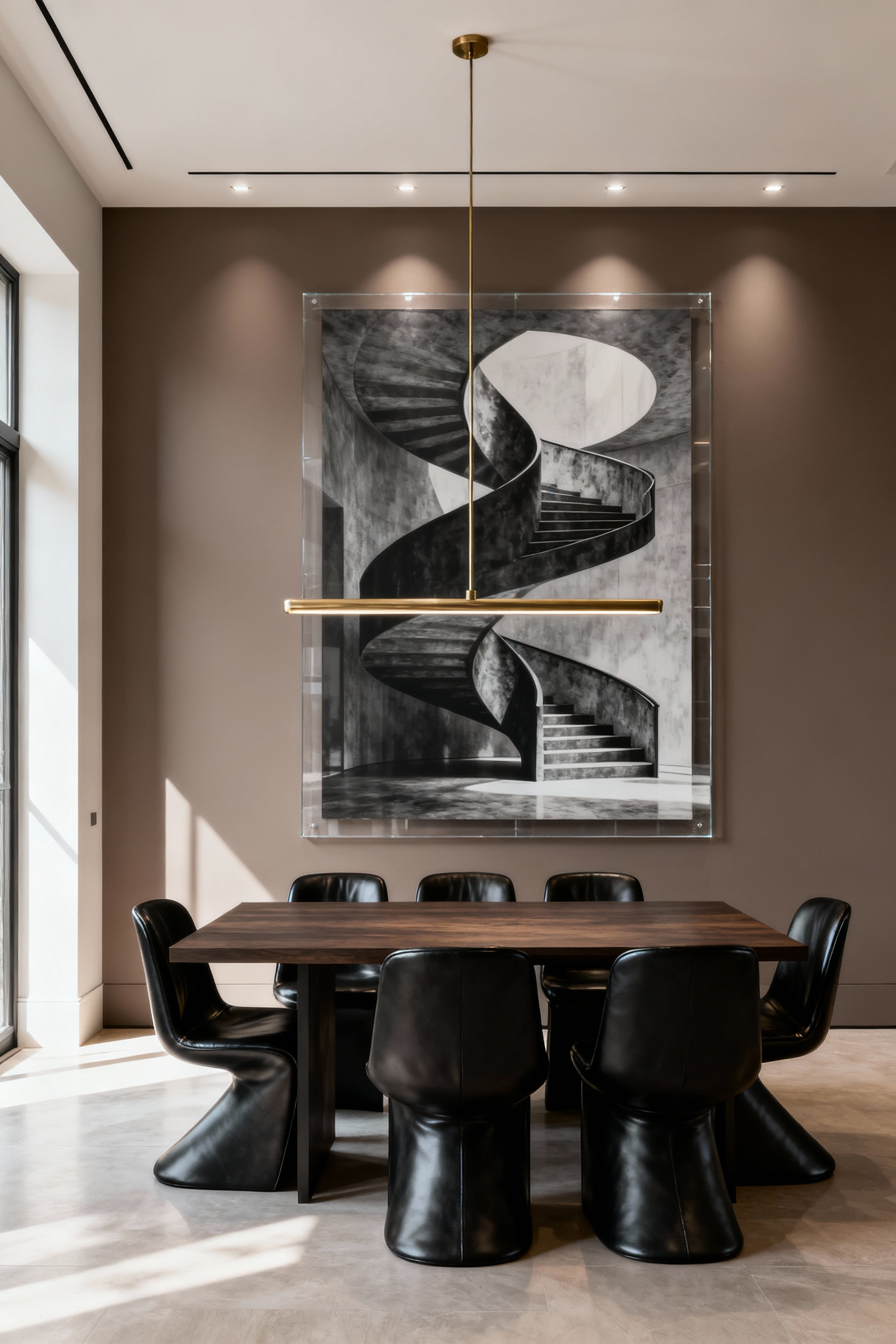 A luxurious dining room featuring a single, large-scale, frameless black and white architectural photograph spanning two-thirds of the wall, emphasizing sophisticated dining room wall decor and a minimalist, hotel-lobby aesthetic.