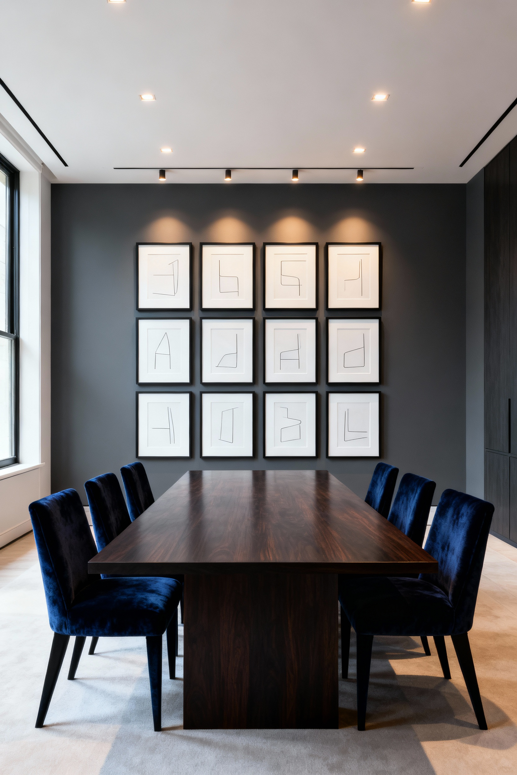 A view of a luxurious contemporary dining room featuring a large grid gallery wall of twenty identical matte black-framed art pieces on a slate gray wall, illustrating disciplined curation and rigorous uniformity.