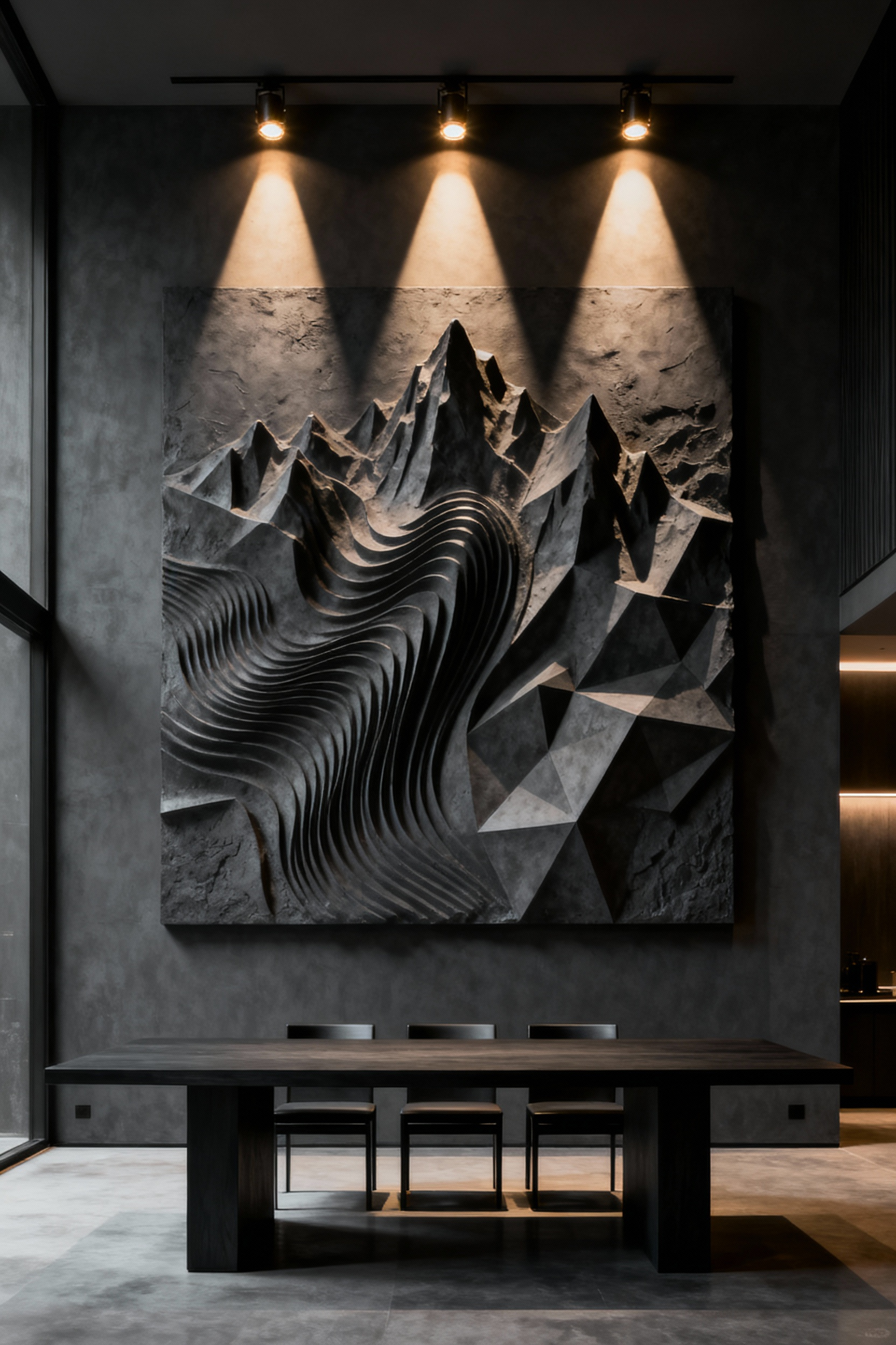 A photograph showing a high-end dining room wall decorated with a large, white abstract sculptural relief illuminated by directional spotlights that cast dramatic shadows, emphasizing texture and depth.