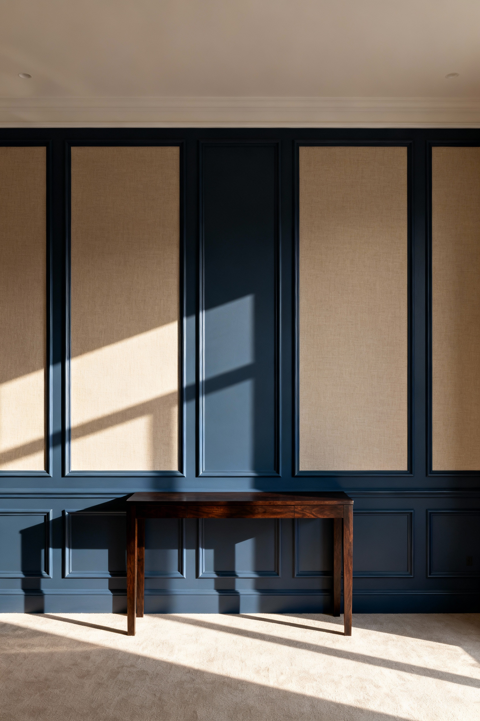 A sophisticated dining room wall featuring uniform, applied box moulding (wainscoting) painted matte slate blue against a cream wall, illustrating architectural rhythm and precision spacing in luxury hotel design.