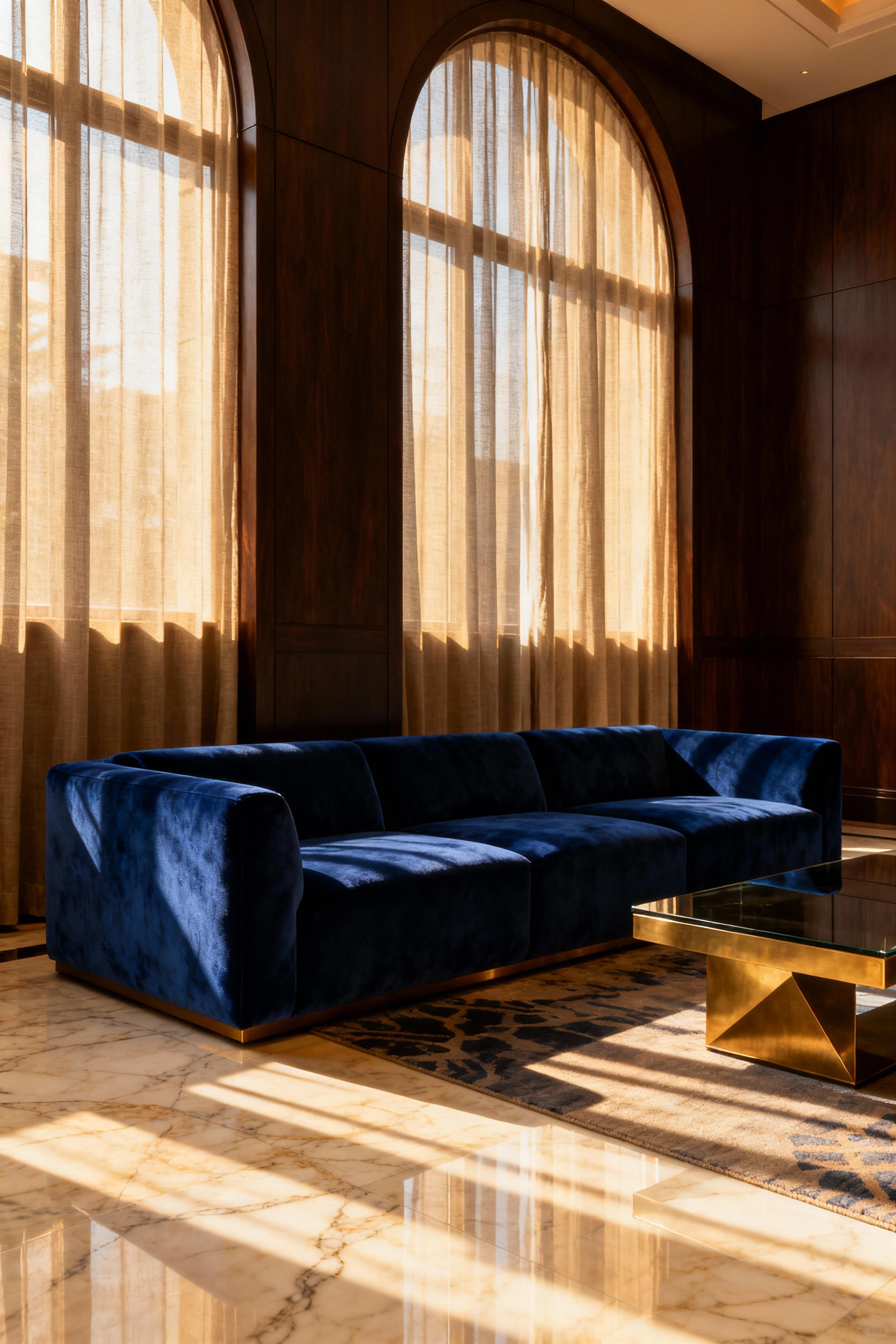 A luxurious living room featuring a large sapphire blue performance velvet sectional sofa, marble flooring, and walnut paneling, illustrating durable, contract-grade hotel upholstery.