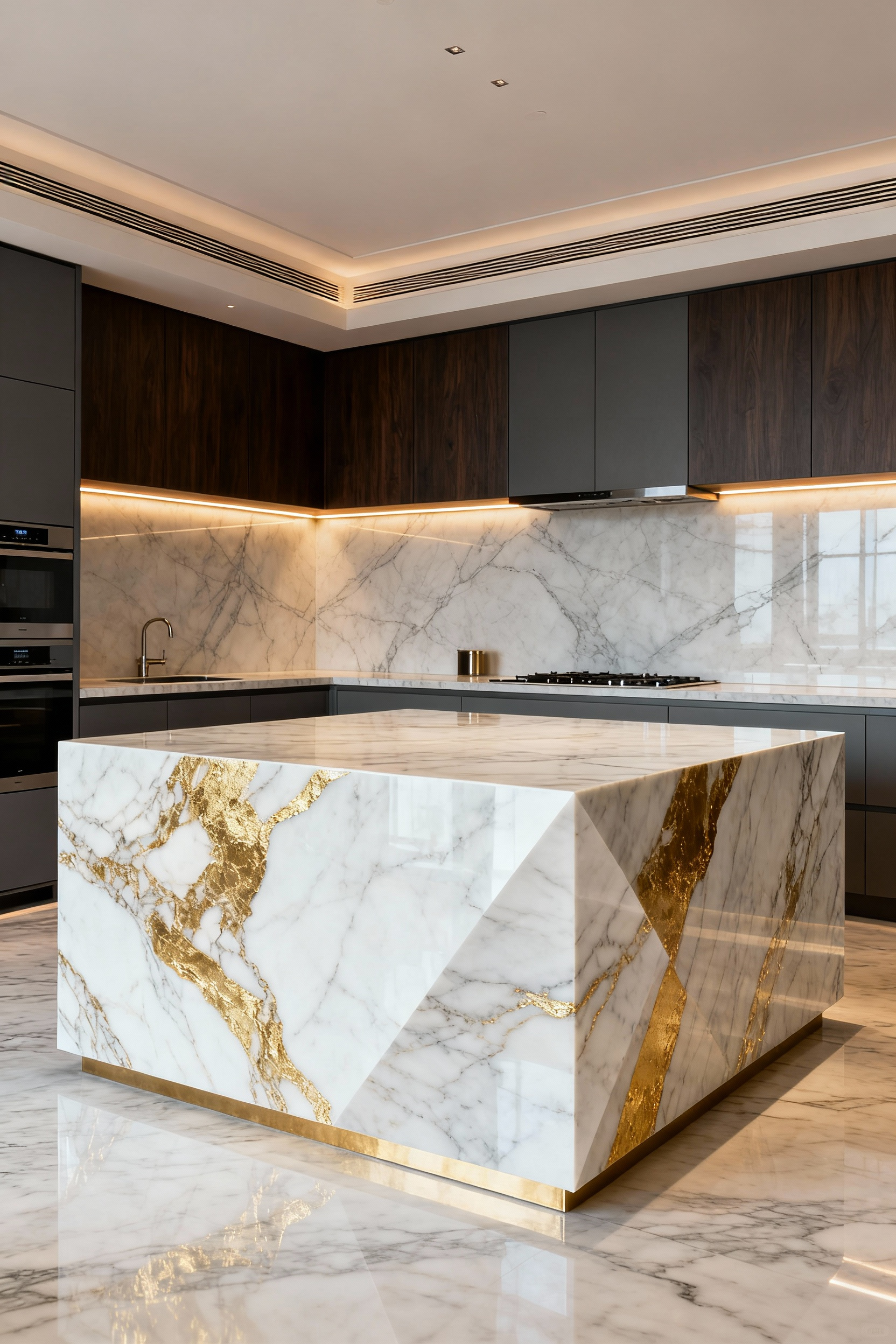 High-resolution image of a luxurious open-concept kitchen featuring a Calacatta marble waterfall edge on the island and a matching slab backsplash, emphasizing seamless visual flow and monolithic design.