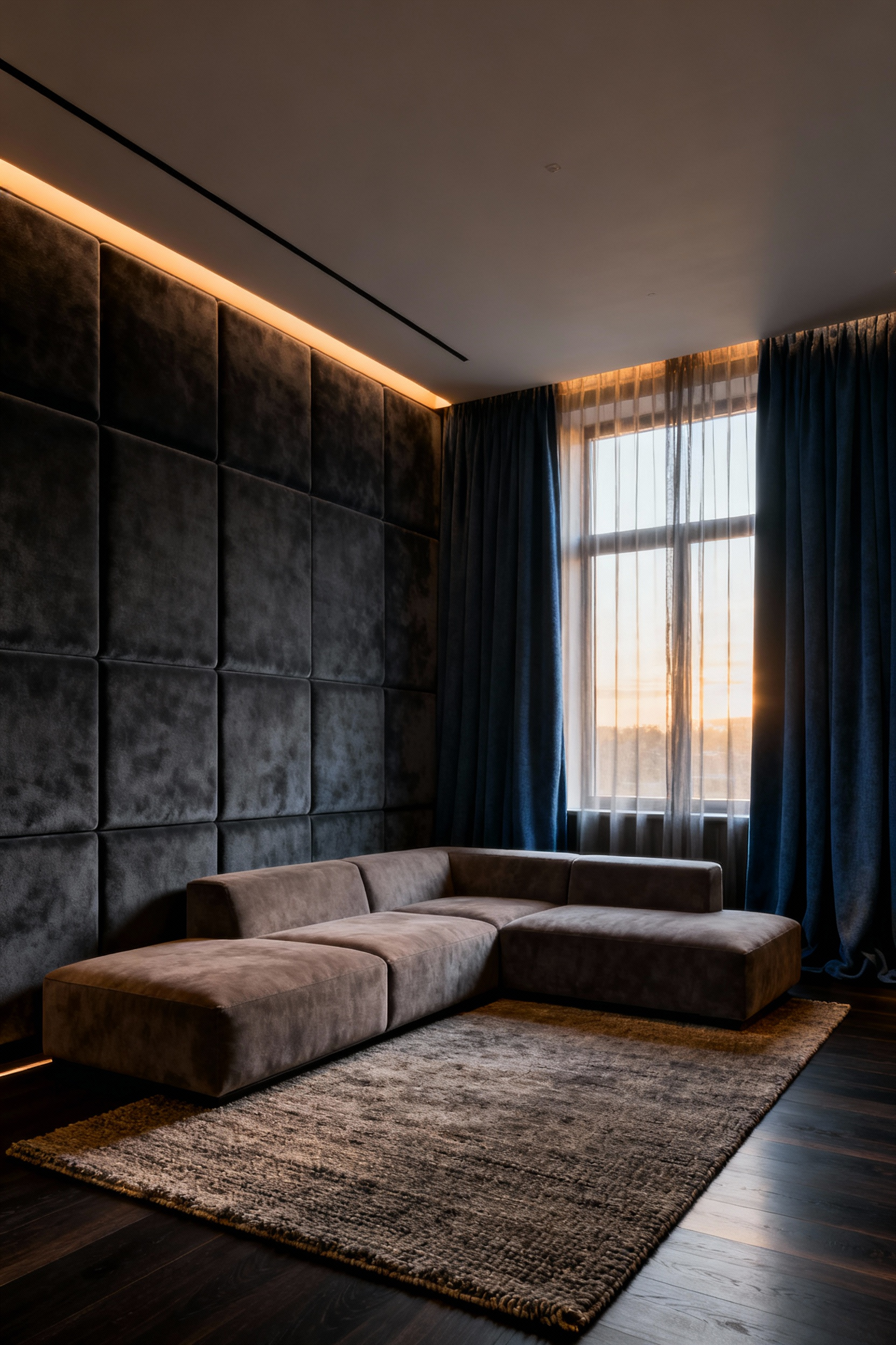 A luxury living room featuring charcoal velvet upholstered acoustic wall panels and heavy slate-blue wool drapery, designed to create a quiet, sound-dampened sanctuary.