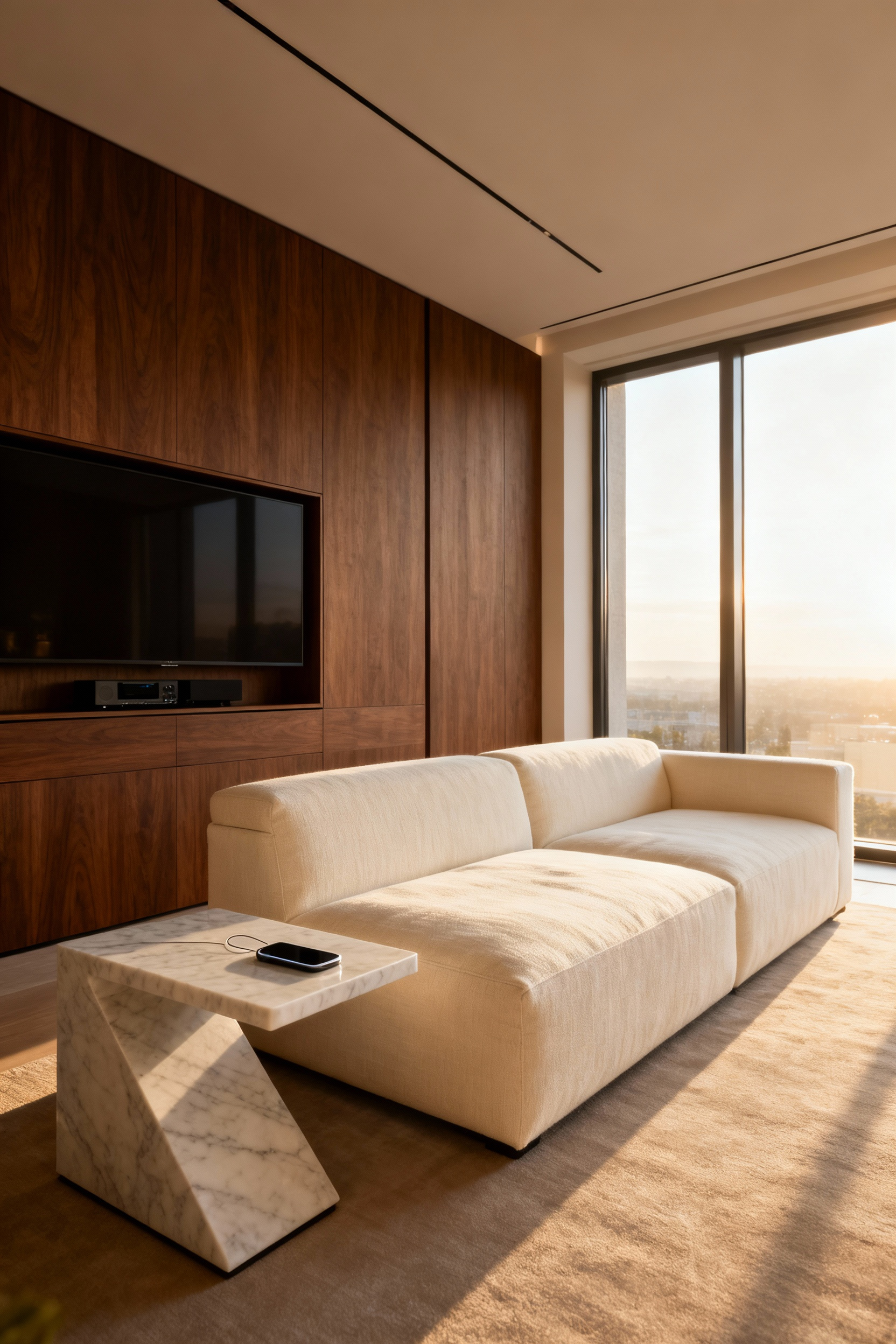 A high-end, contemporary luxury living room featuring a cream sectional sofa, walnut paneling, and a minimalist marble side table designed for integrated, concealed wireless charging.