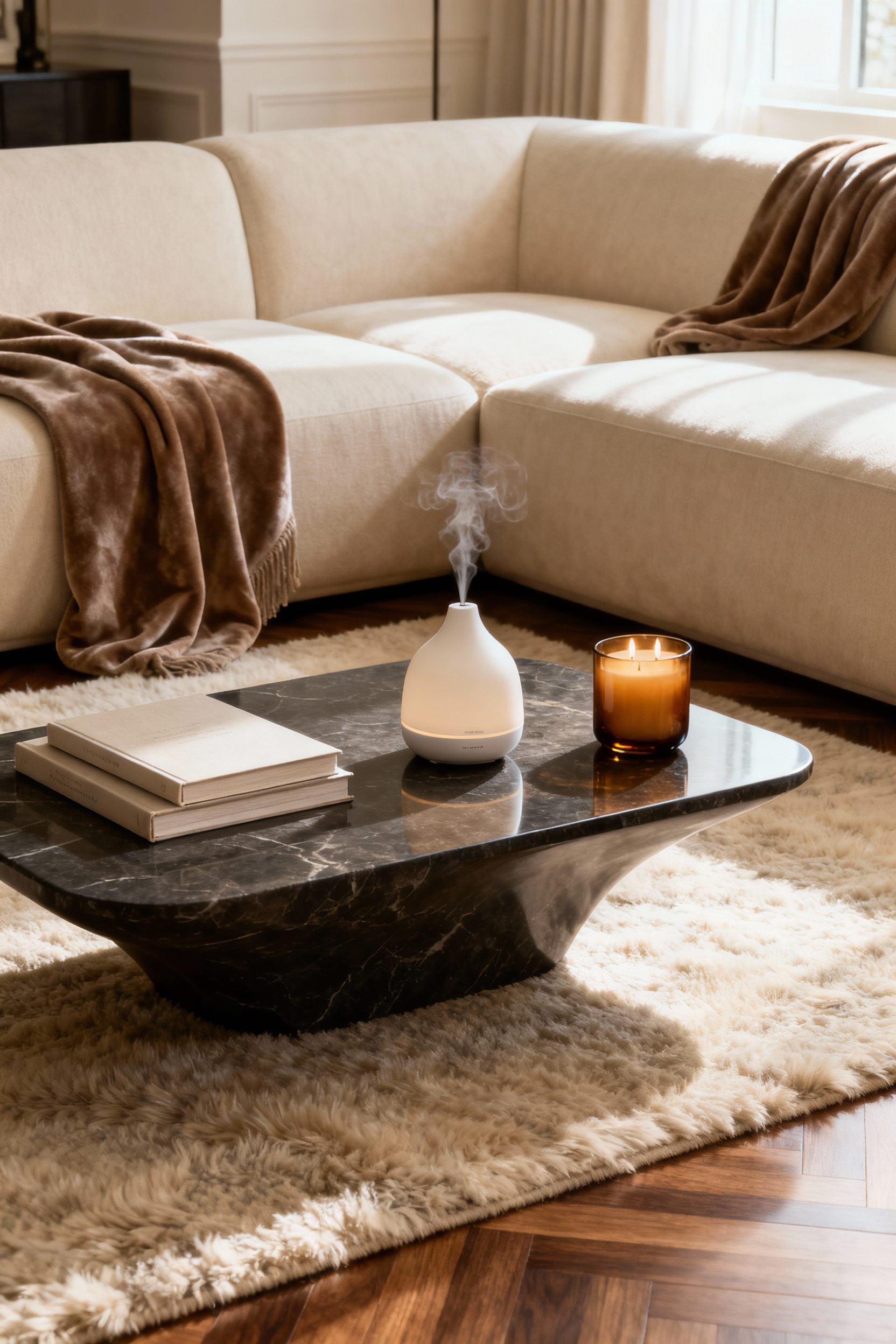 Wide photograph of a luxurious living room featuring a subtle ceramic diffuser and high-end candle on a marble coffee table, conveying a signature room fragrance and sophisticated design.