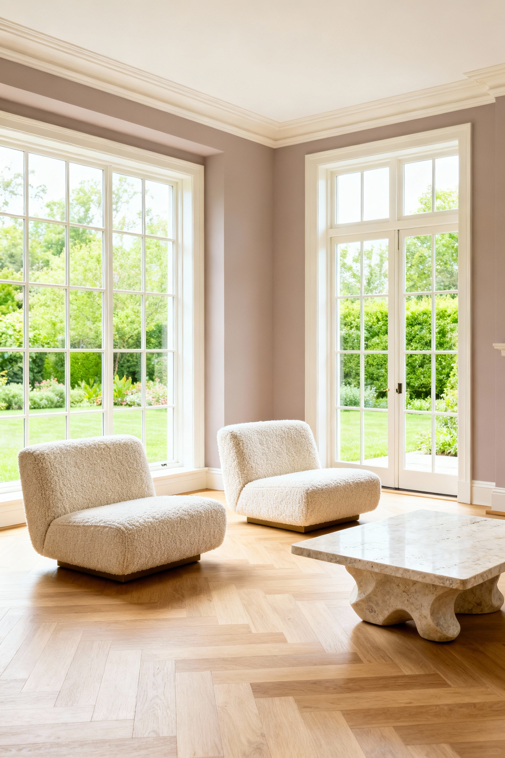 Elegant living room featuring two cream boucle slipper chairs that maintain visual flow and open sightlines across the space towards large, sunlit windows.