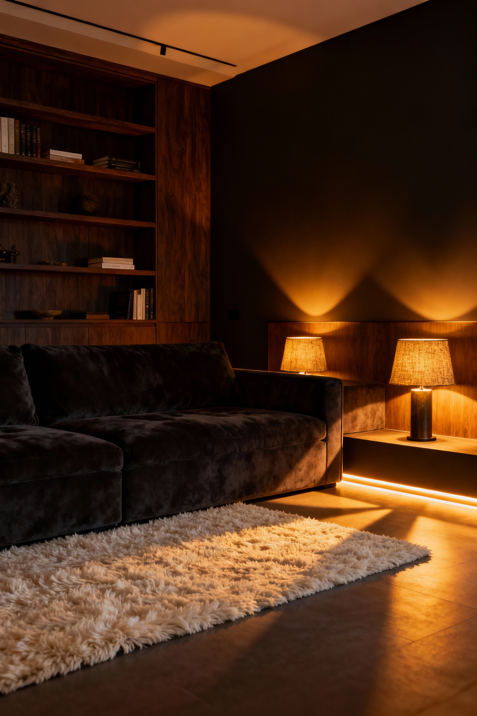 A luxurious modern living room at night illuminated exclusively by extremely warm amber lights in the 2700K color range, creating deep shadows and a deeply relaxing atmosphere.