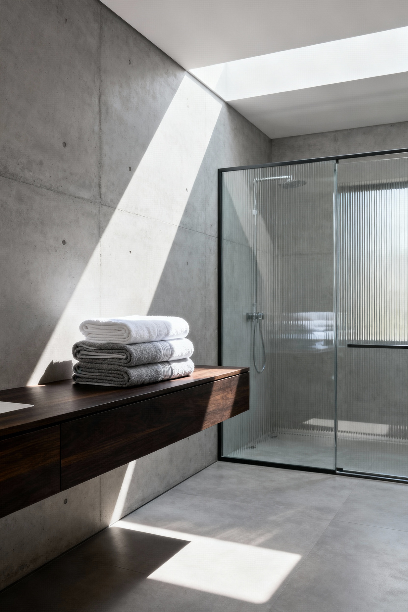 Plush white and gray Turkish cotton towels stacked on a dark floating vanity in a minimalist bathroom featuring polished concrete walls and a glass partition, illustrating tactile contrast in luxury design.