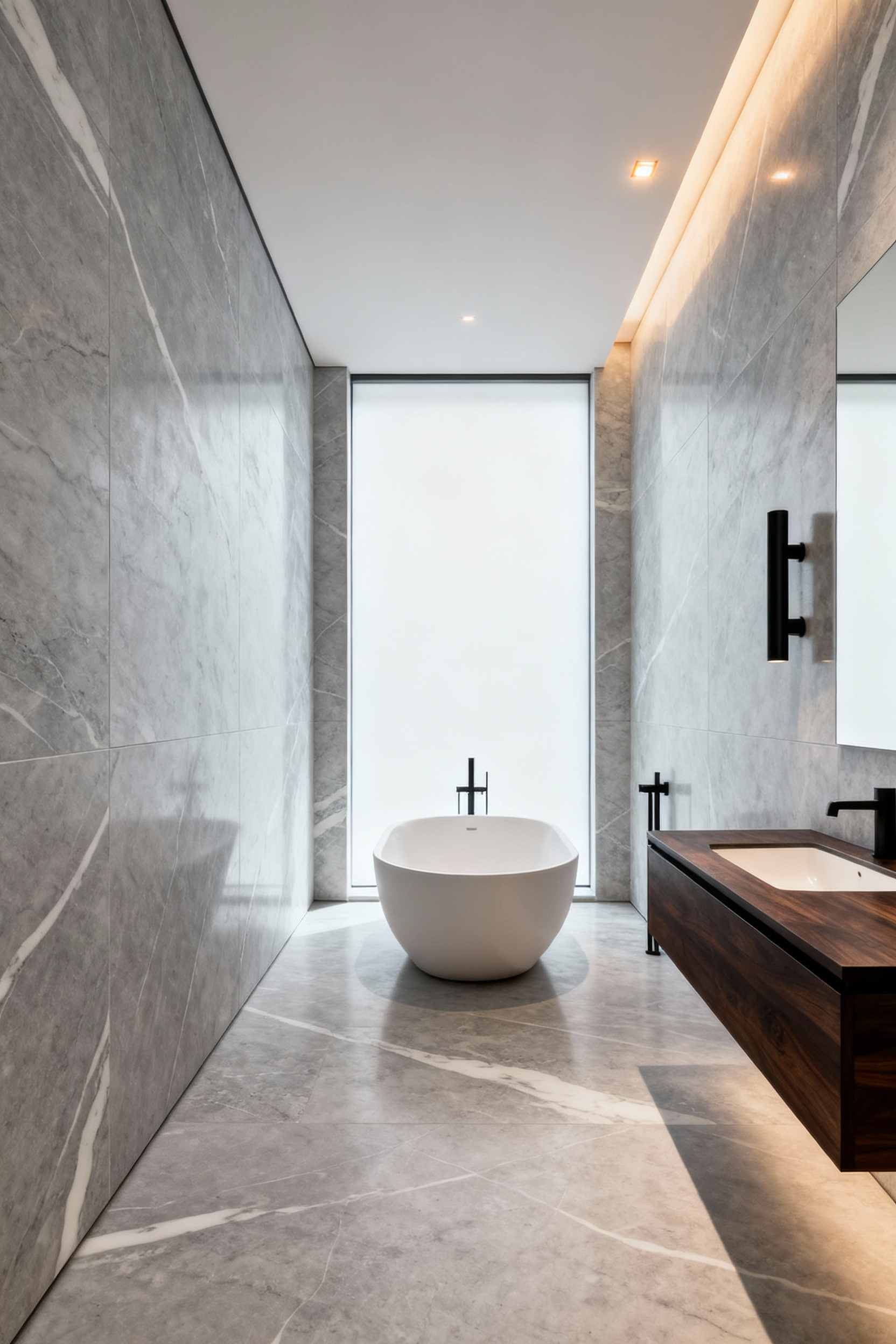 A wide architectural photograph of a luxury minimalist bathroom featuring large, seamless light gray porcelain slabs covering the walls and floor, showcasing an unbroken visual flow around the floating vanity and freestanding tub.