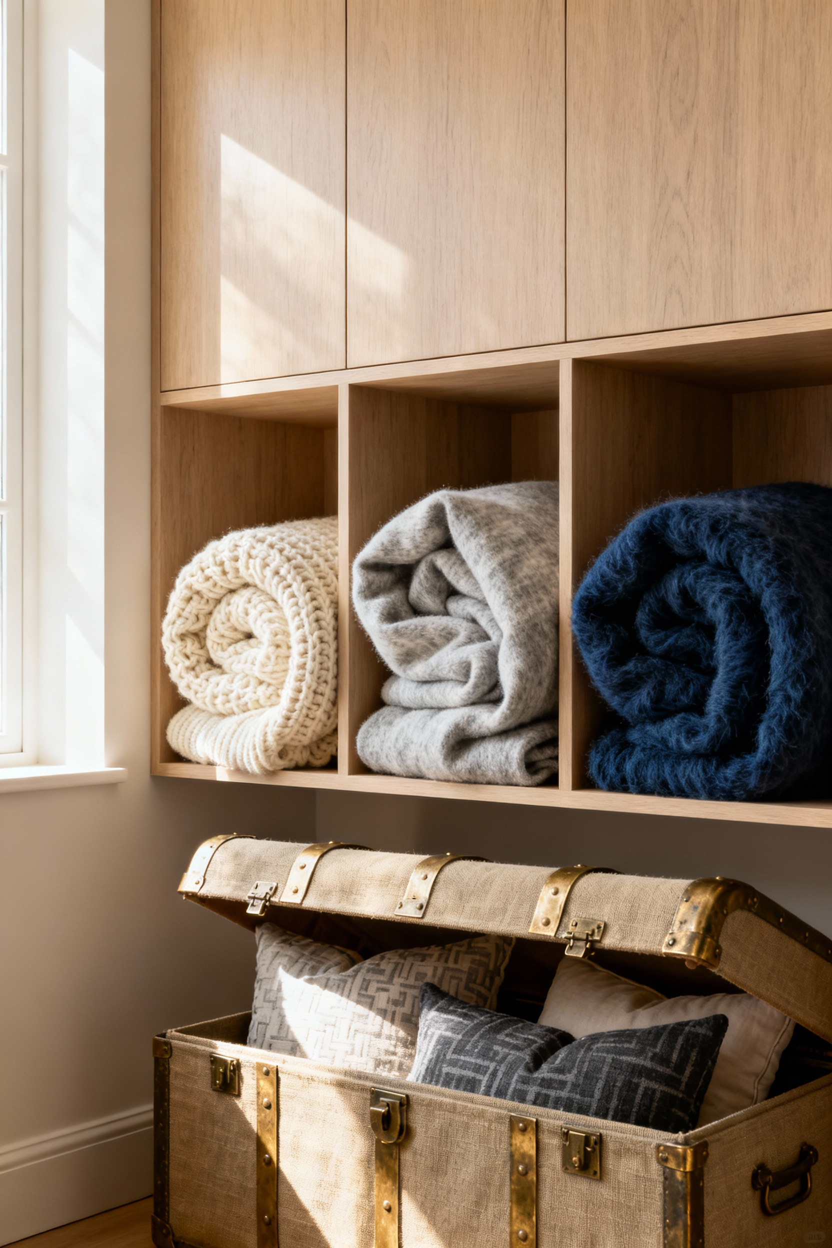 Custom pale oak shelving and an elegant trunk providing specialized, deep storage to prevent compression fatigue in luxury cream and gray throws and cushions.