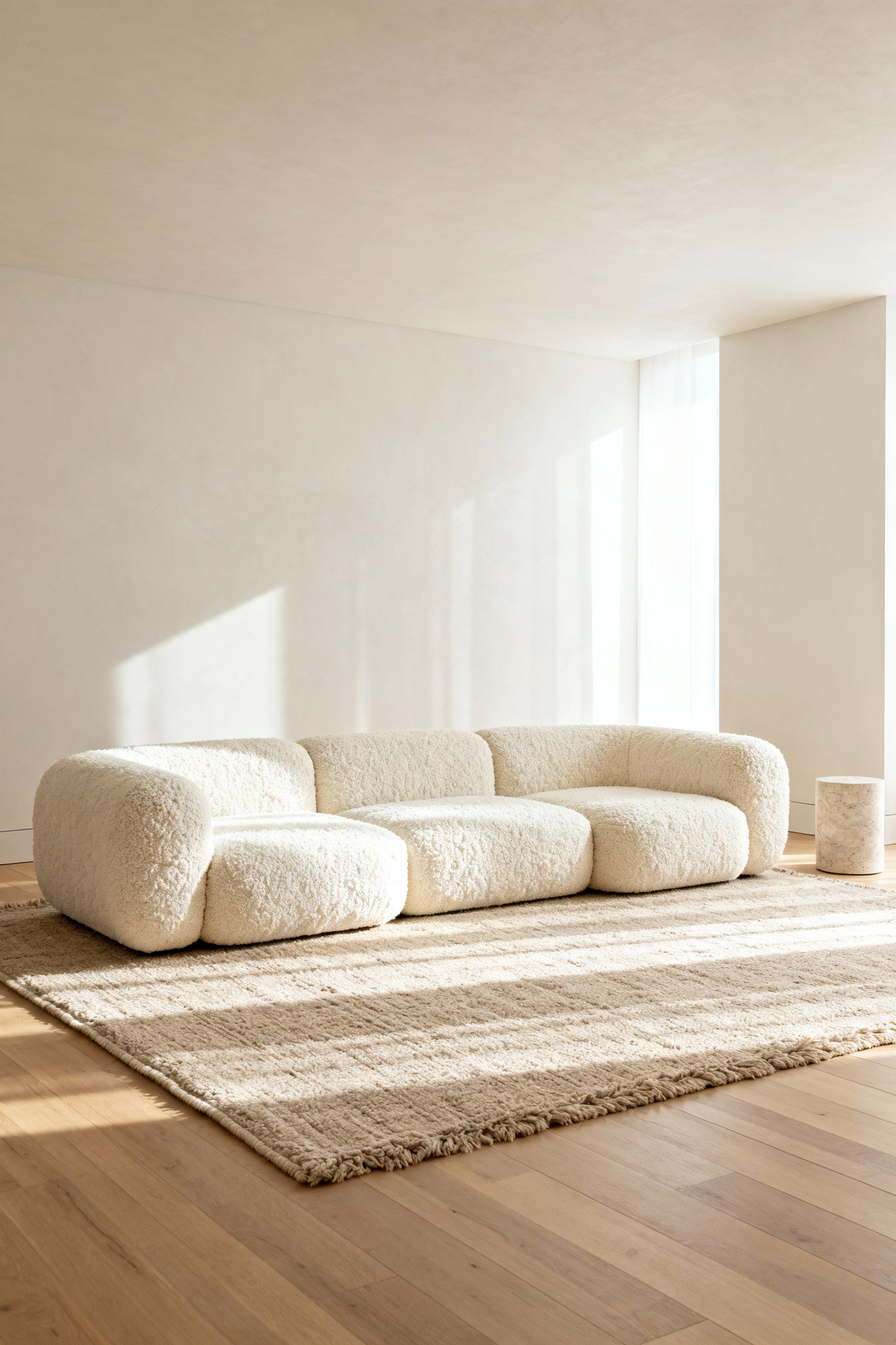 A bright, Scandinavian luxury living room featuring an oversized, curved modular sofa upholstered in creamy ivory bouclé fabric, emphasizing high-tactility and sculptural rounded edges.