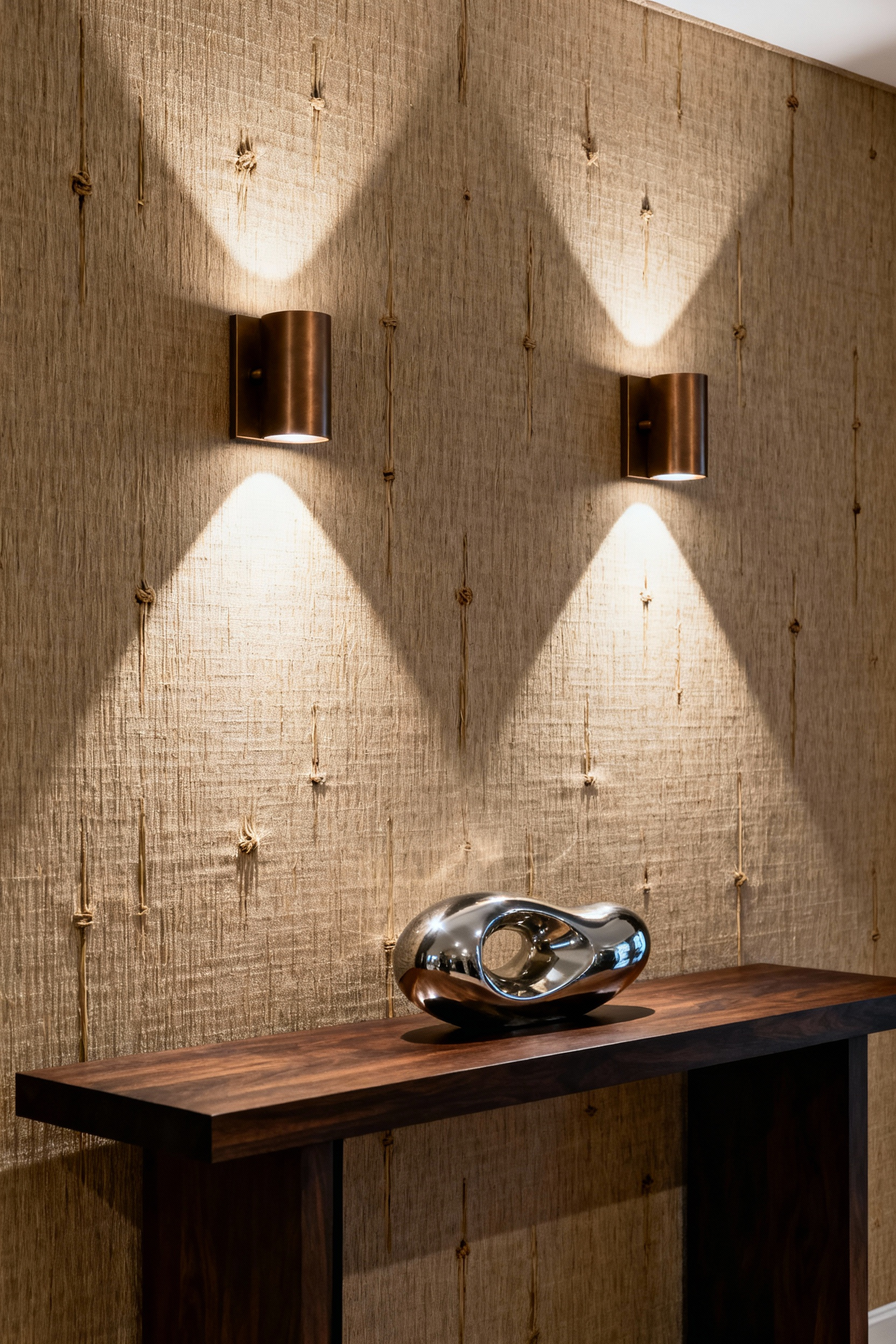 Luxury dining room wall decor featuring a deep taupe grasscloth wallcovering dramatically emphasized by the grazing light from modern bronze architectural sconces.