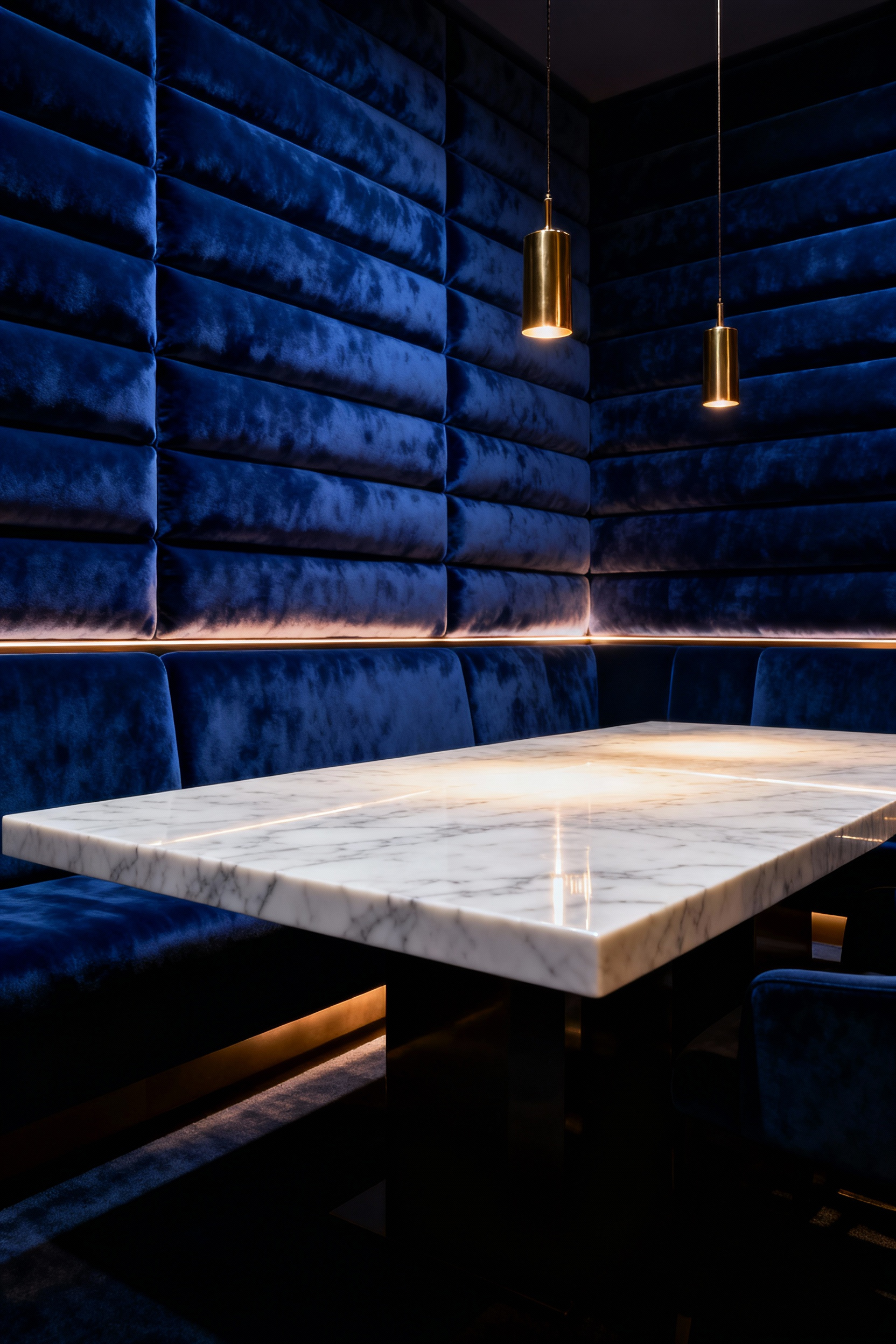 Luxurious hotel dining room wall decor featuring deep sapphire blue upholstered acoustic panels contrasted against a reflective white marble table, demonstrating effective sound dampening design.