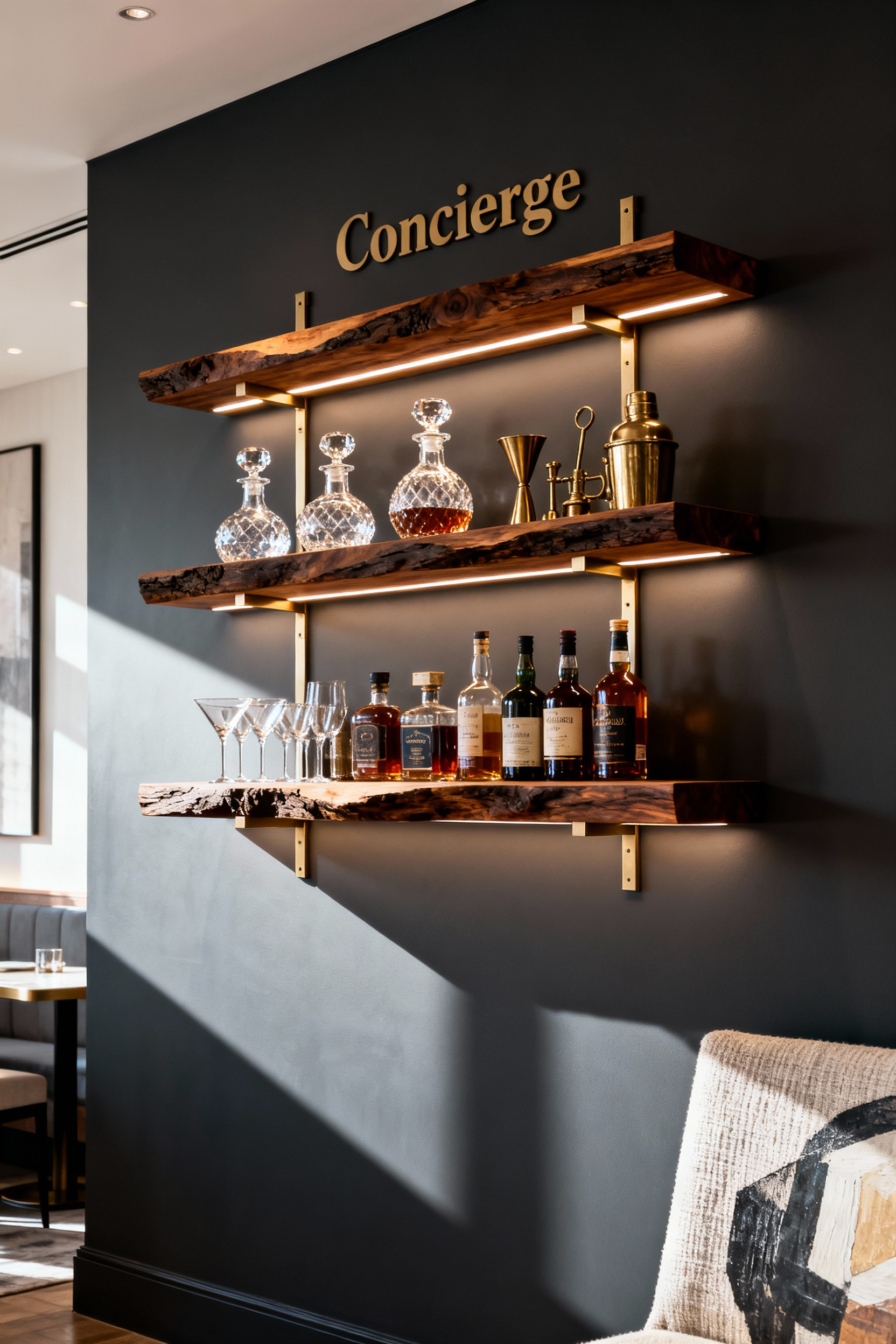 A sophisticated dining room wall decor featuring a 'Concierge' floating bar system constructed of live-edge walnut wood shelves and brass accents, maximizing vertical space and serving as a focal point.