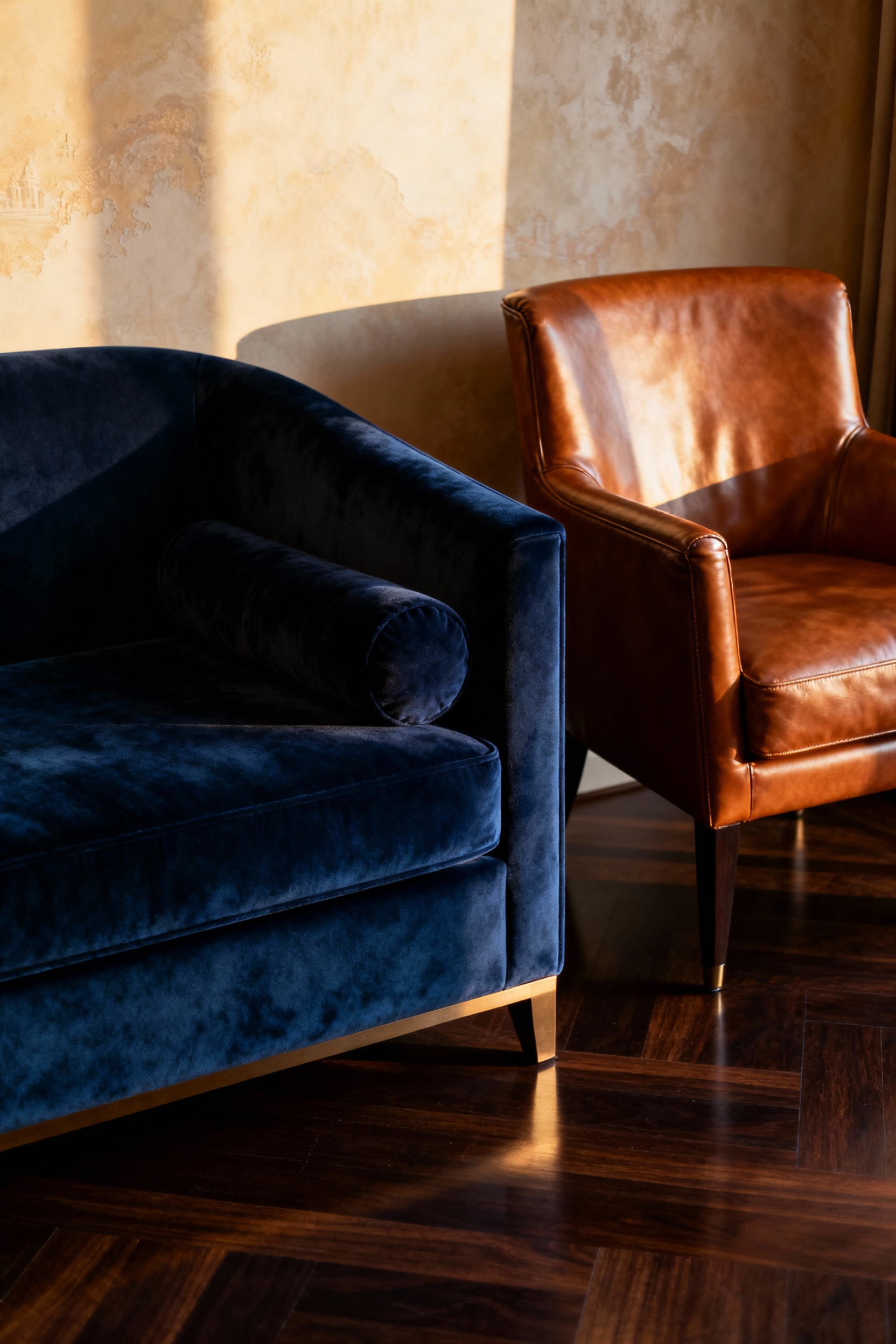Luxury living room furniture featuring a deep navy velvet sofa and a caramel high-grade leather armchair, emphasizing tactile richness, bespoke tailoring, and sophisticated living room furniture styles.