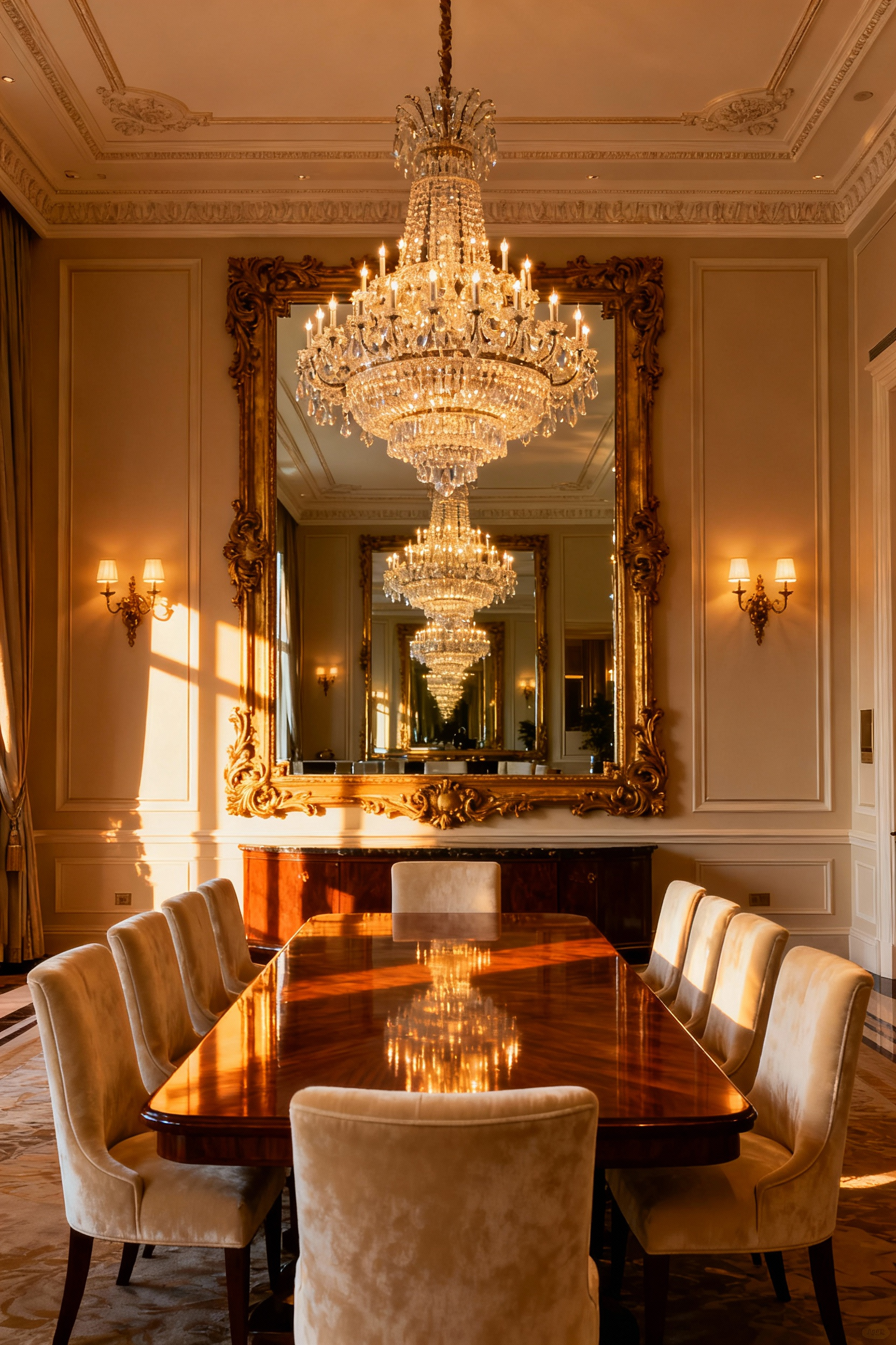 A lavish dining room interior showcasing strategic wall decor with a large ornate mirror reflecting a crystal chandelier to create maximized depth and bright, golden-hour illumination.