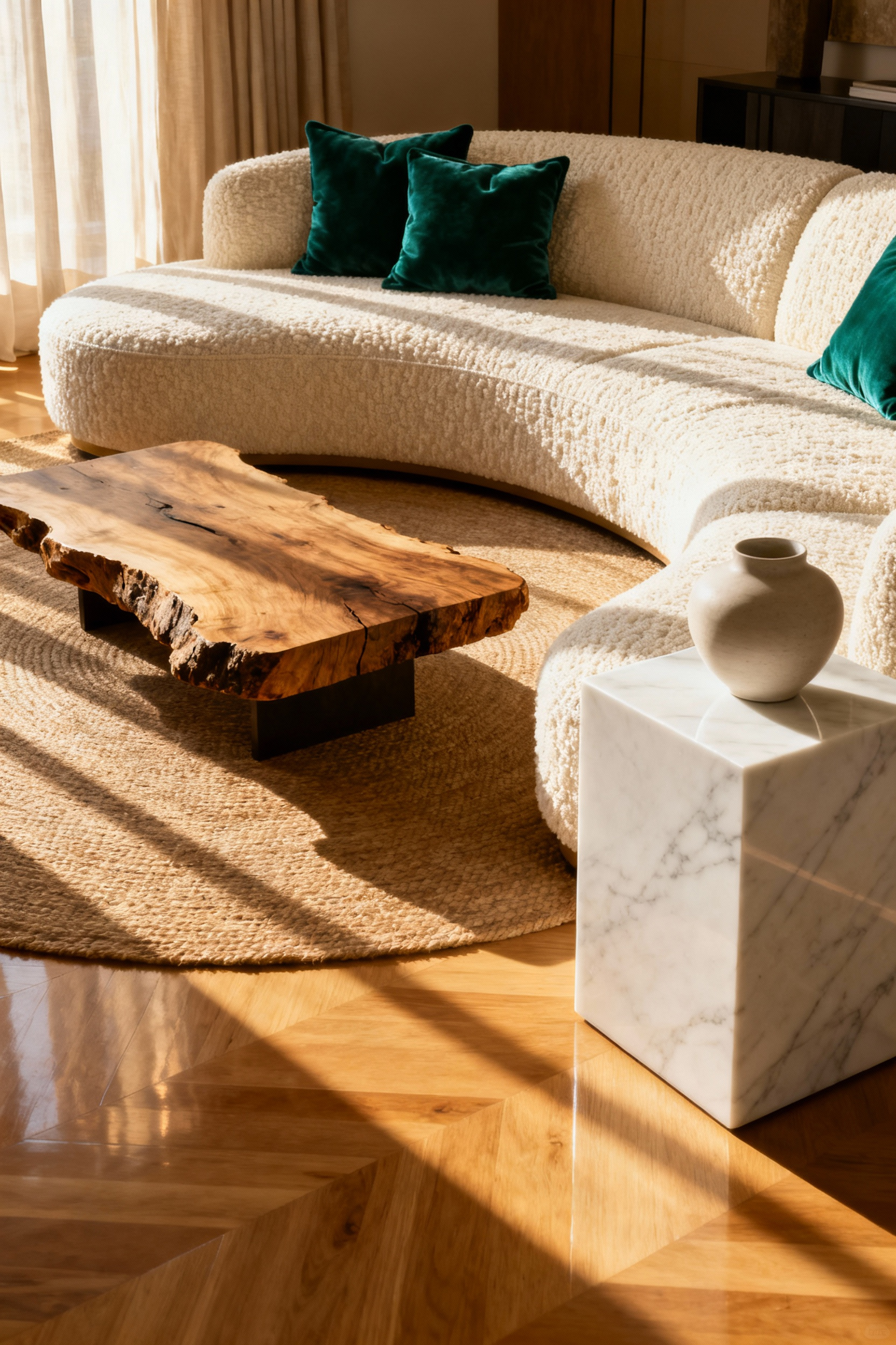 A luxurious living room featuring a creamy boucle sofa, emerald velvet pillows, a raw wood coffee table, and a white marble side table, emphasizing tactile material contrast.
