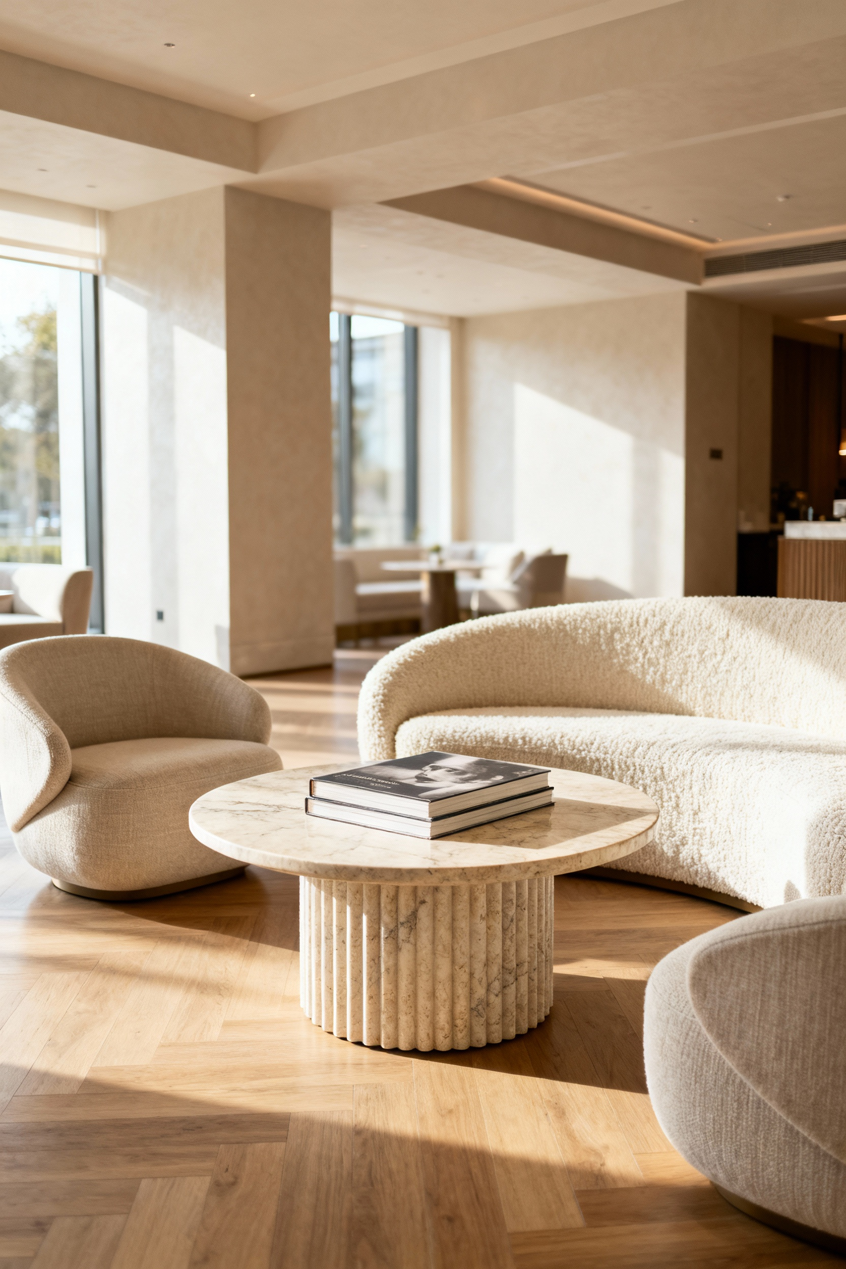 Luxurious contemporary living room centered around an oversized round sculptural travertine coffee table, illustrating the use of substantial stone furniture as an architectural anchor in high-end design.