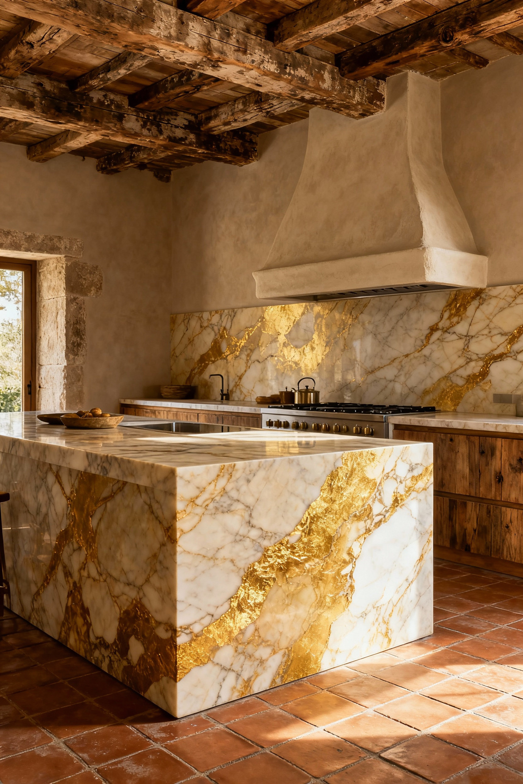 A grand Mediterranean kitchen featuring a honed Calacatta Gold marble island and backsplash with prominent golden veining, complemented by a plaster hood and timber beams.