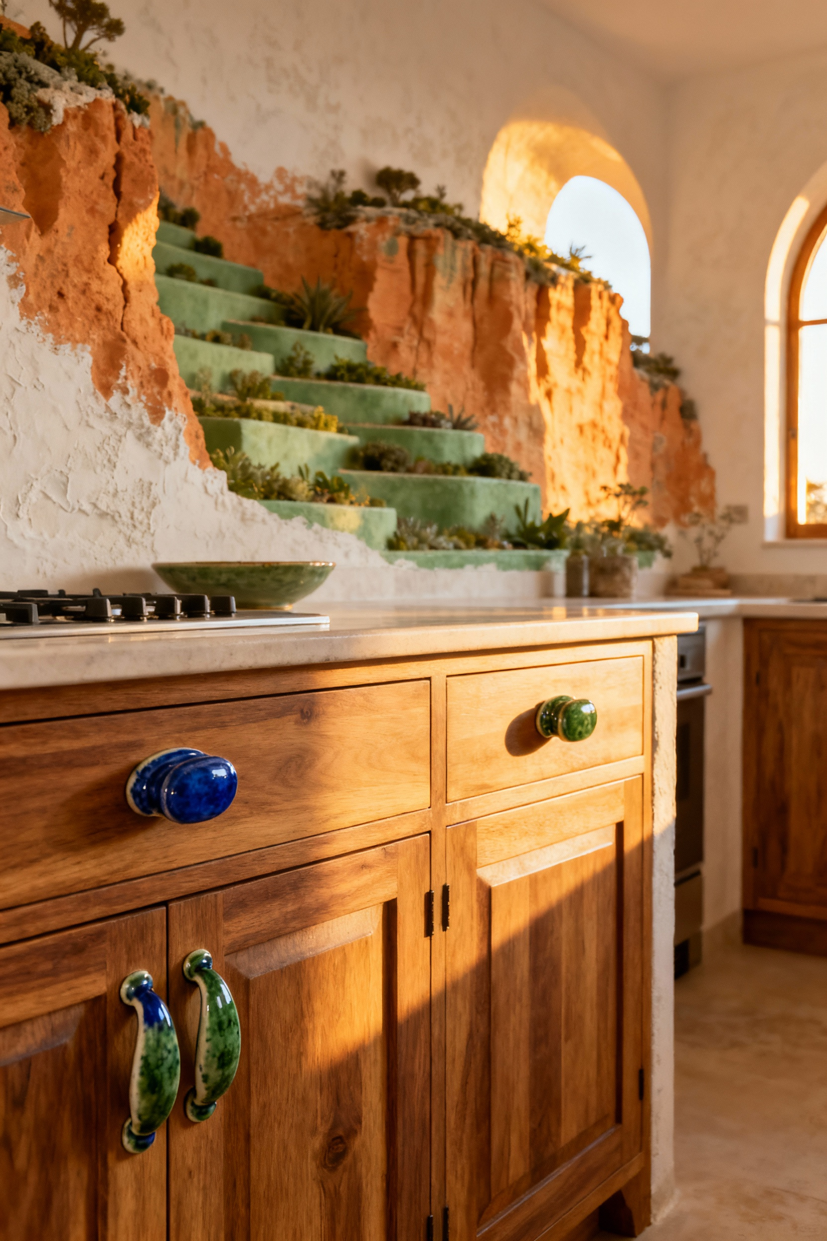 Mediterranean coastal kitchen featuring chestnut cabinets with cerulean and mossy green ceramic pulls, limewashed walls, and soft natural light. The design embodies sea-inspired palettes and regional authenticity for cabinetry.