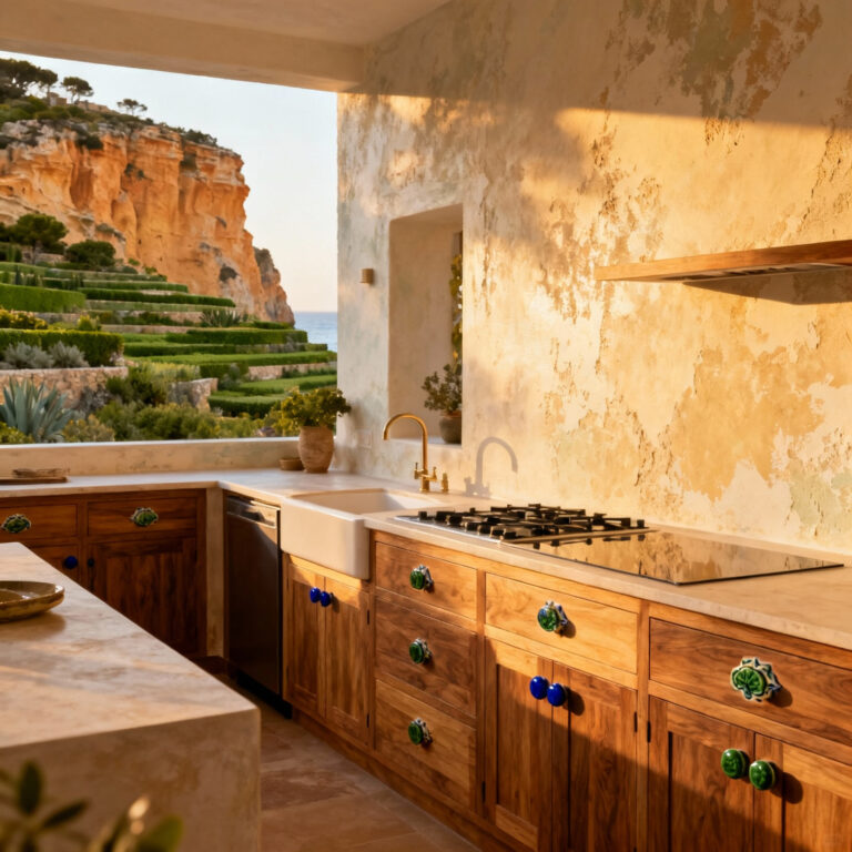 Mediterranean coastal kitchen featuring chestnut cabinets with cerulean and mossy green ceramic pulls, limewashed walls, and soft natural light. The design embodies sea-inspired palettes and regional authenticity for cabinetry.