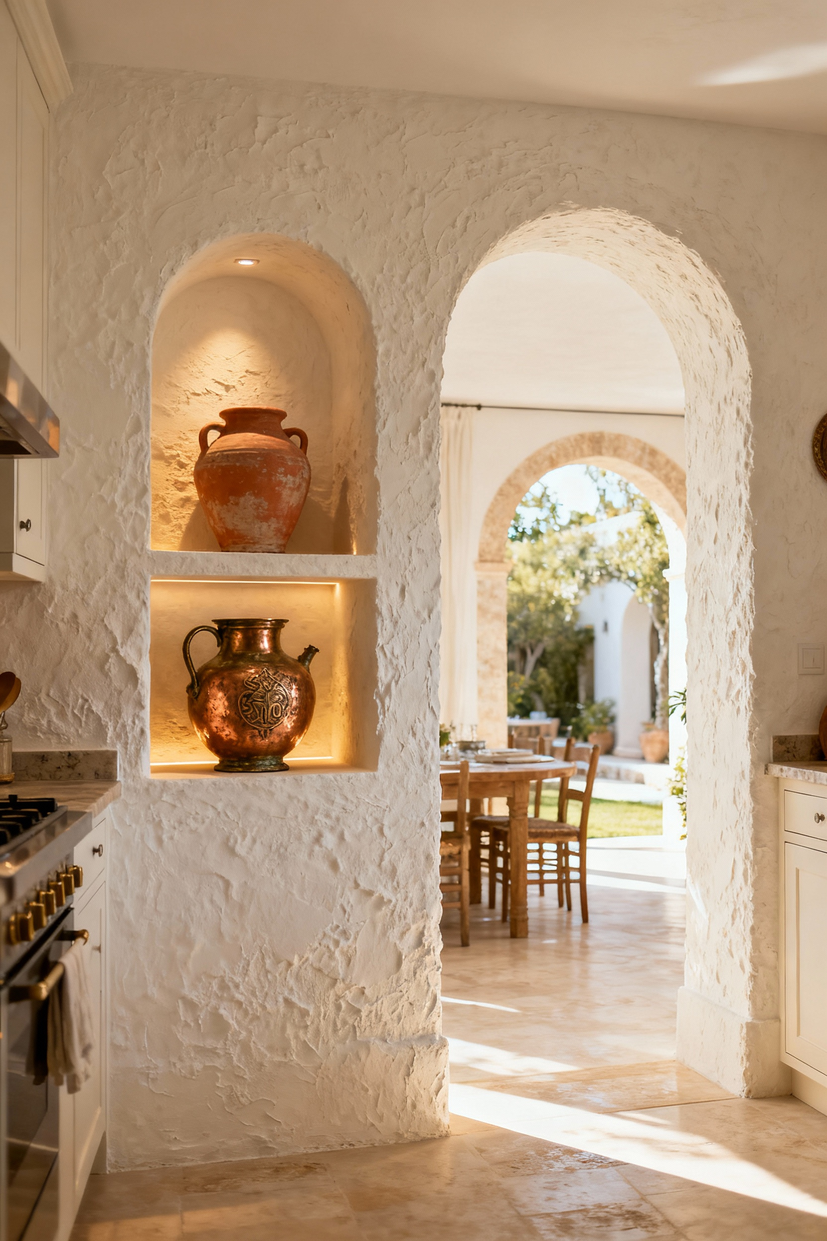 A beautiful Mediterranean kitchen with an arched doorway made of white stucco framing a view of another room and a niche displaying terracotta pottery. The kitchen has natural lighting and a warm, inviting atmosphere.