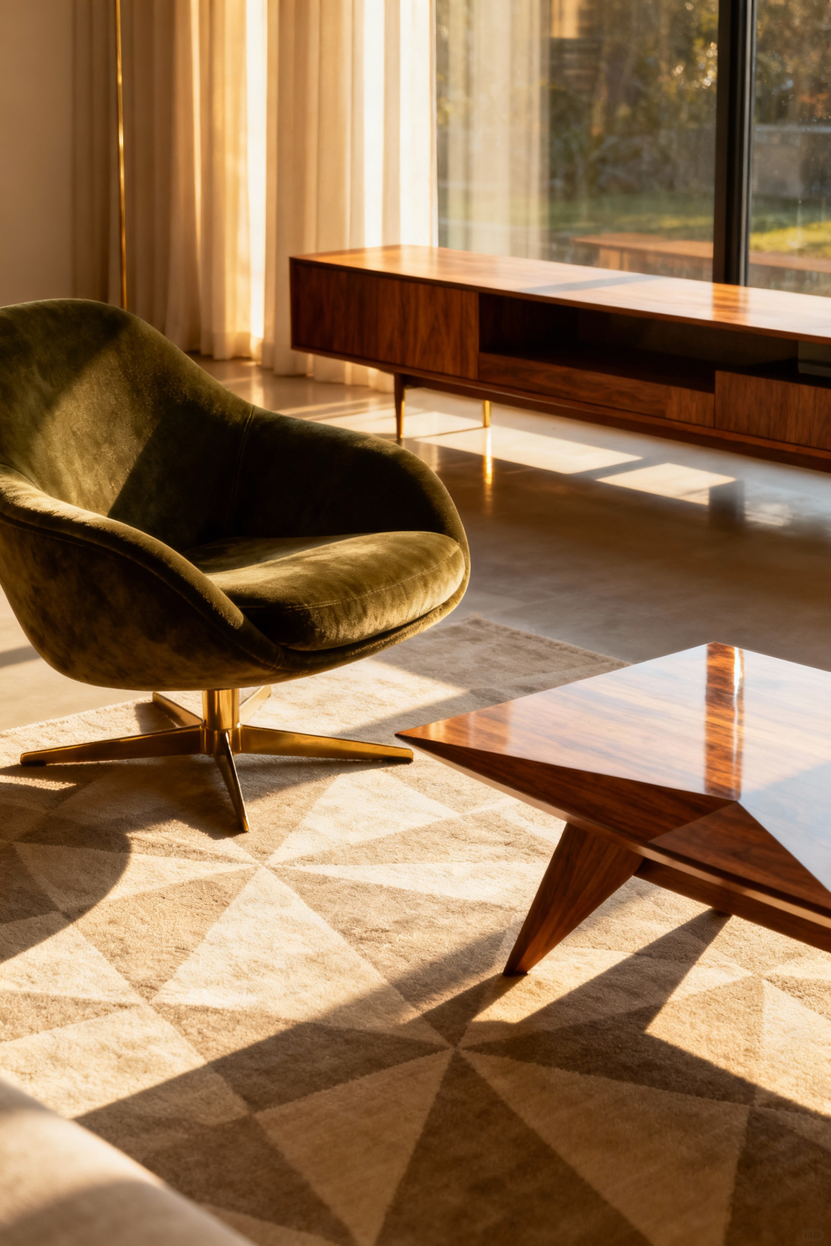 A pristine Mid-Century Modern living room highlighting a sculptural curved lounge chair and a low-profile geometric walnut coffee table, emphasizing clean lines and functionality.
