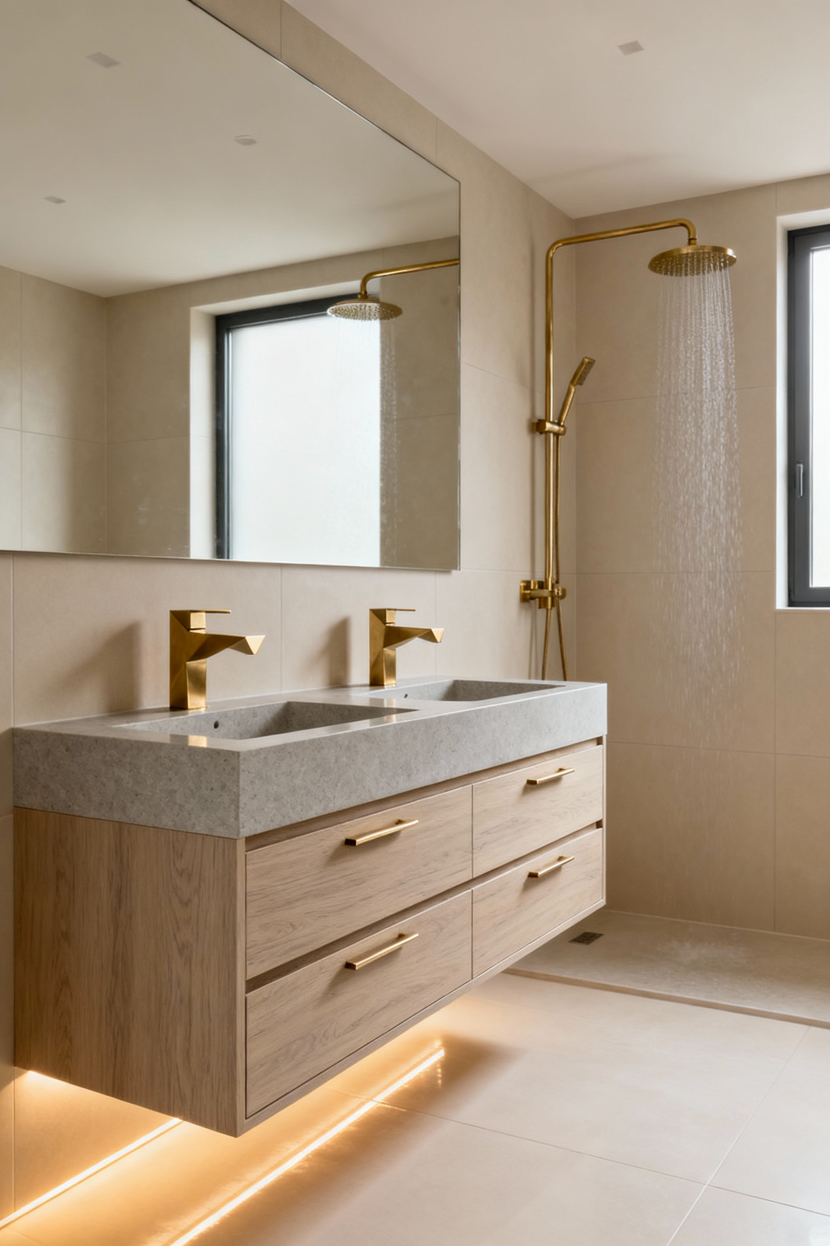 Luxury minimalist bathroom featuring a floating wood vanity, light stone countertop, and unified high-impact brushed gold faucets and cabinet hardware, emphasizing the unified design principle.