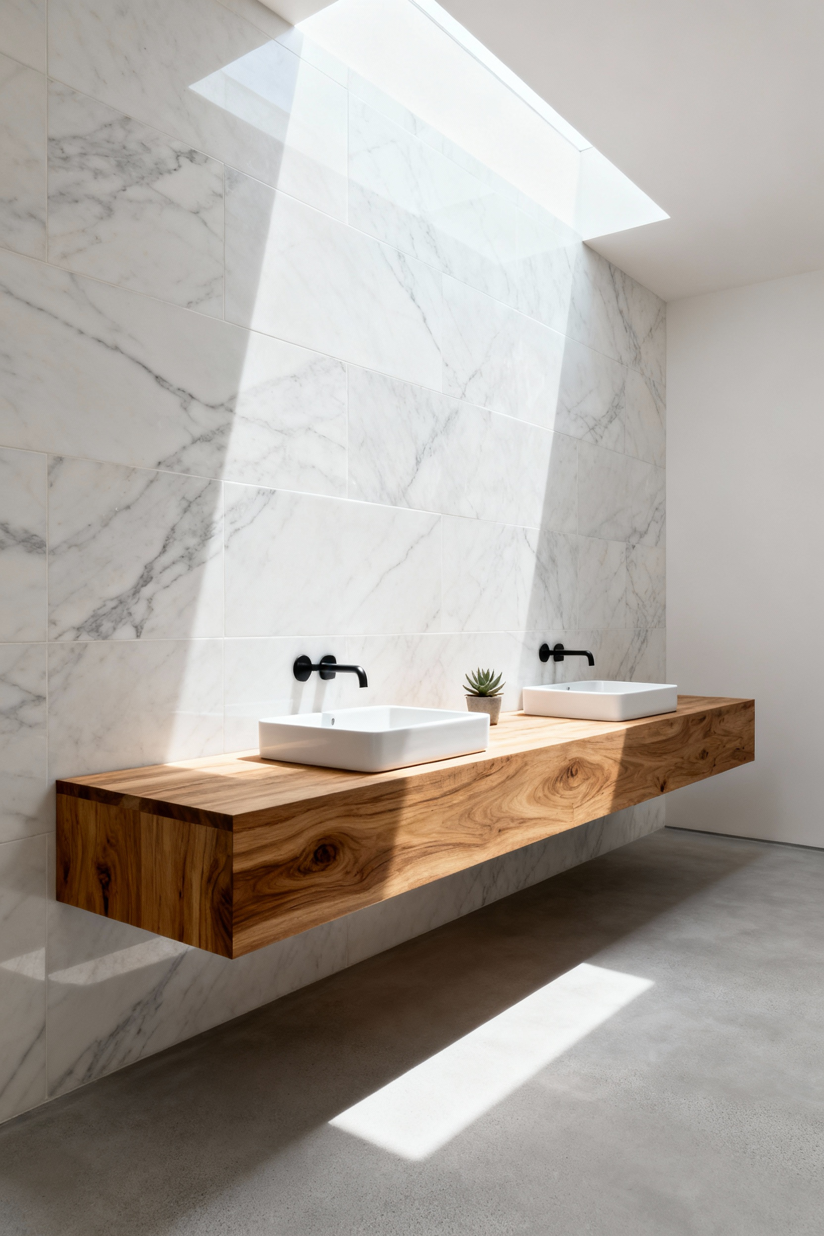 A luxurious minimalist bathroom featuring a long, floating light teak wood vanity set against polished white Calacatta marble walls, showcasing the organic warmth that wood accents bring to a modern design.
