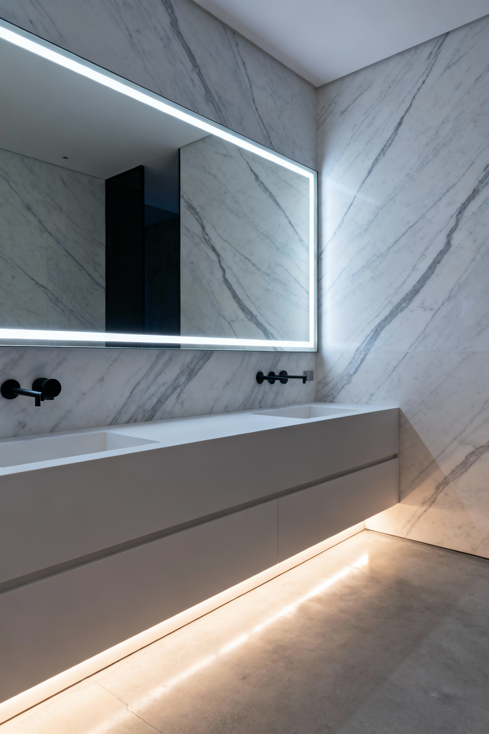 Minimalist luxury bathroom featuring a floating vanity, frameless mirror, and integrated architectural lighting washing warm light onto marble walls and a concrete floor.