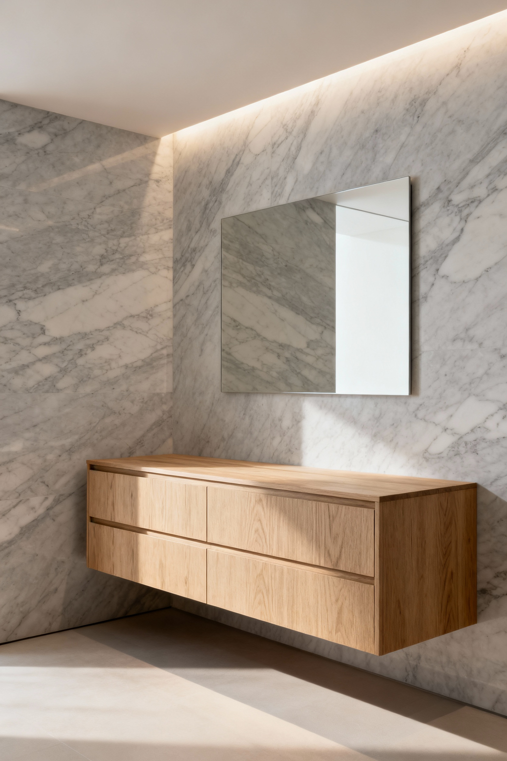 A hyper-minimalist bathroom featuring a floating oak vanity with hidden, handleless drawers and a large, fully recessed mirror installed flush with the marble wall, demonstrating concealed storage that eliminates visual noise.