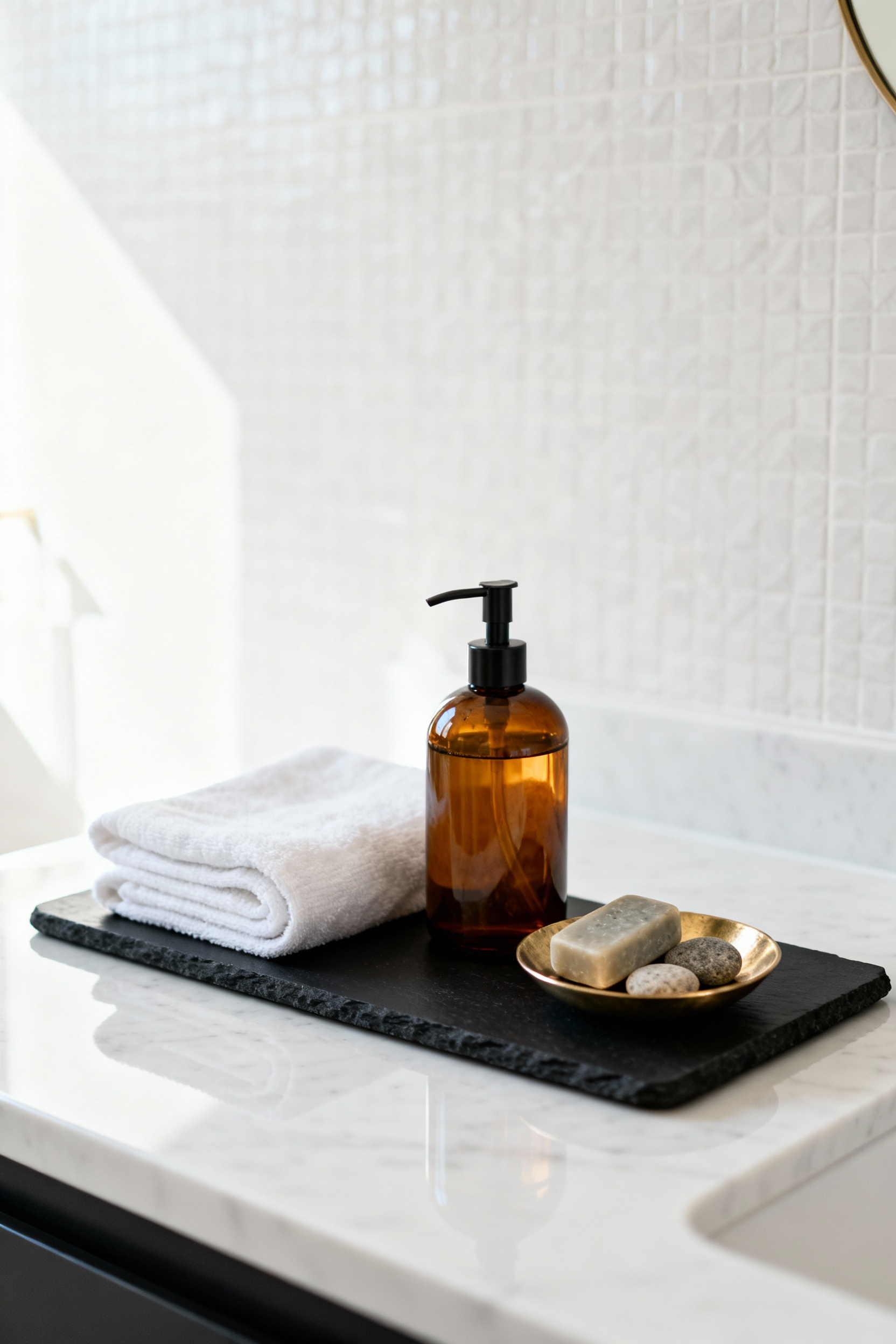 Minimalist bathroom design showing a matte black slate amenity tray with curated luxury toiletries on a seamless white quartz vanity, demonstrating controlled organization.