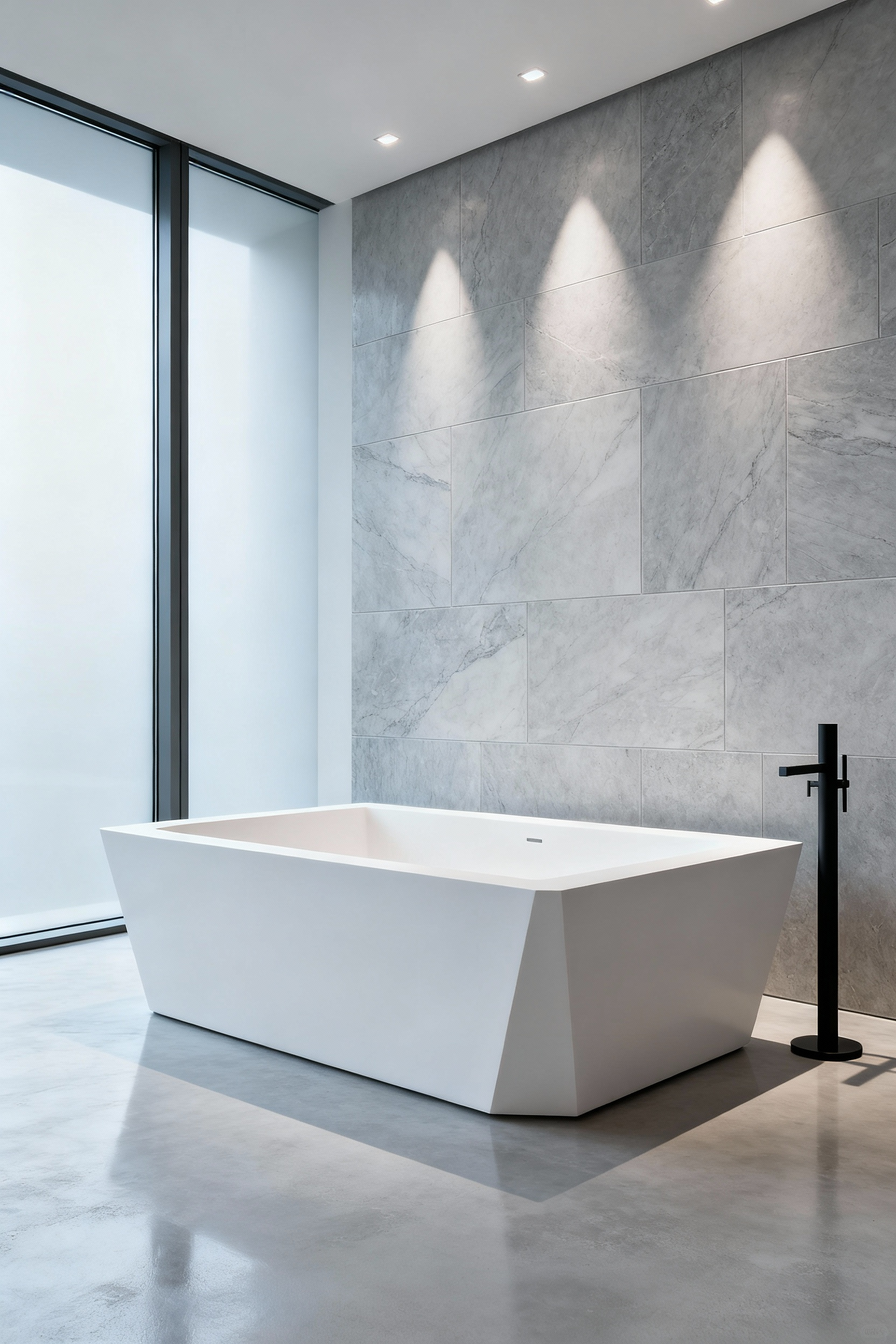 Sculptural, matte white freestanding bathtub serving as the focal point in a high-end, minimalist luxury hotel bathroom design with grey stone floors.