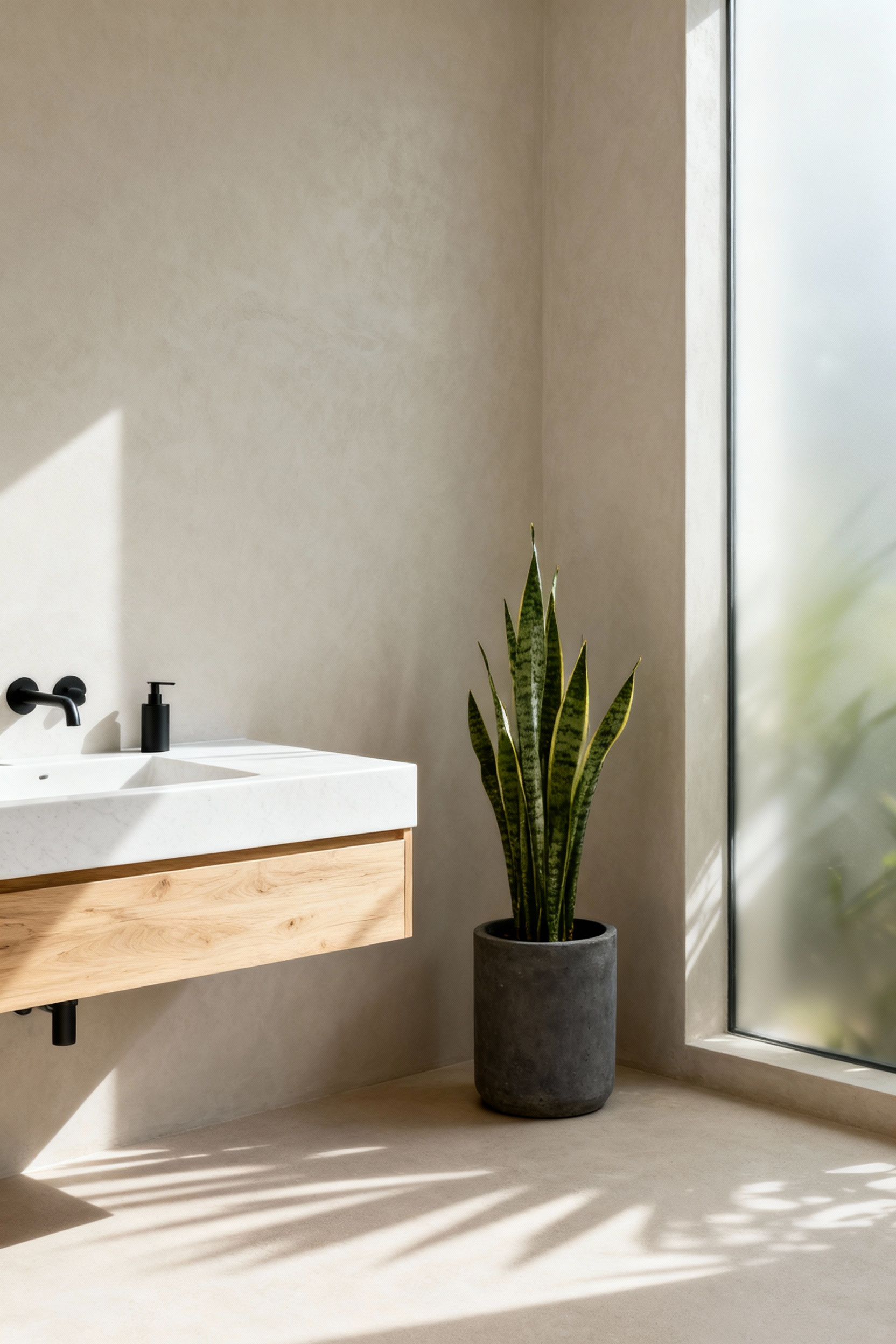 A minimalist luxury bathroom featuring a floating wood vanity, matte black fixtures, and a tall architectural Snake Plant in a concrete planter, illustrating refined biophilic resort design.