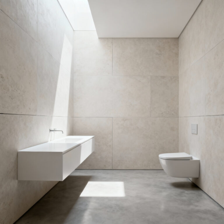 A wide-angle, pristine minimalist luxury bathroom showcasing a floating white vanity and wall-mounted toilet against honed limestone walls, emphasizing the expansive negative space of the polished concrete floor.