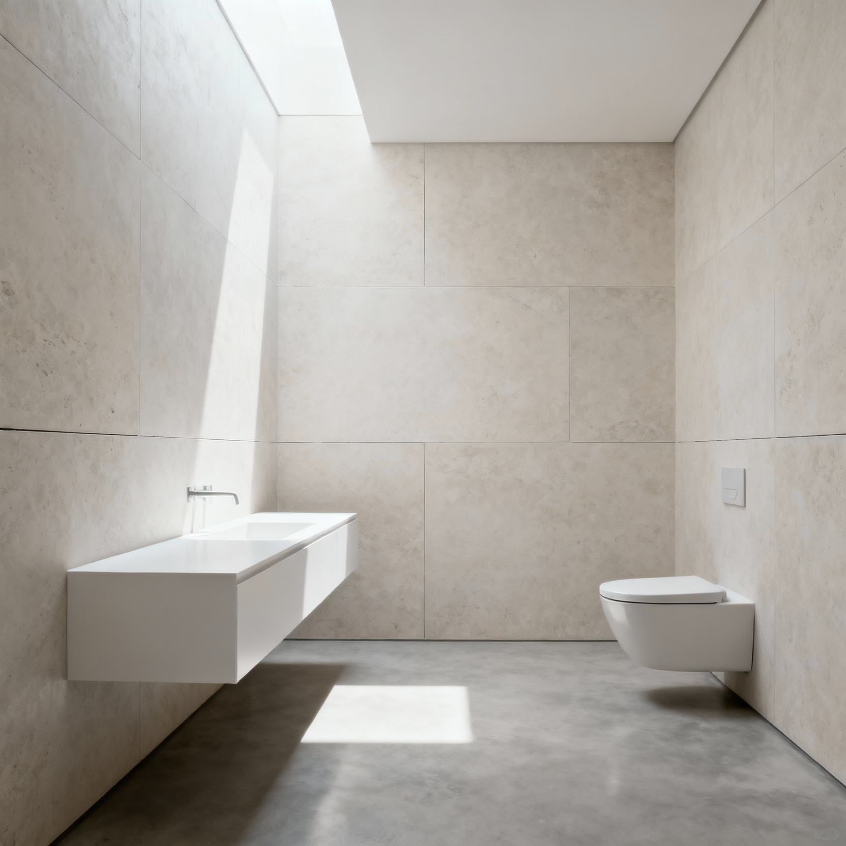 A wide-angle, pristine minimalist luxury bathroom showcasing a floating white vanity and wall-mounted toilet against honed limestone walls, emphasizing the expansive negative space of the polished concrete floor.