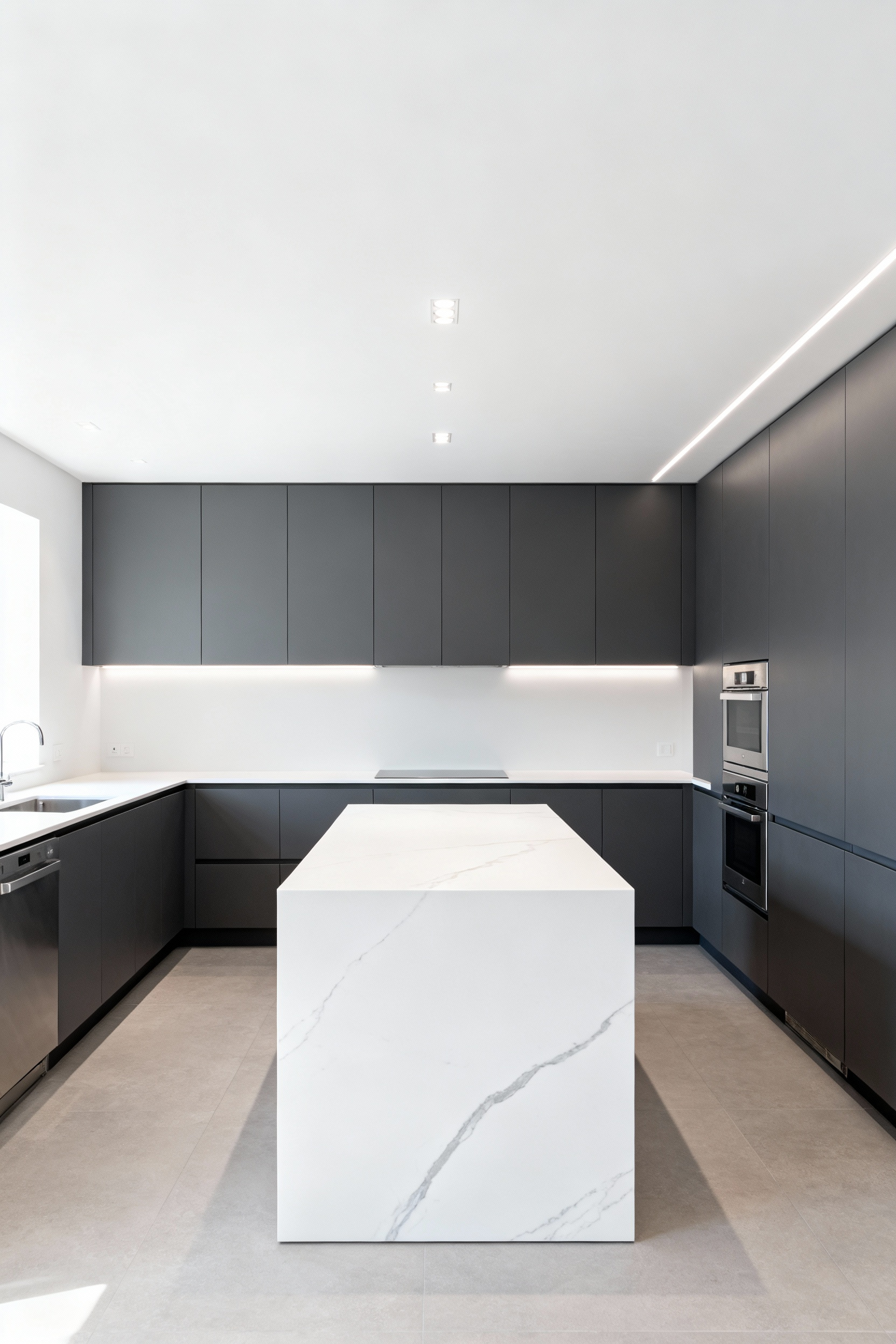 A spacious, modern kitchen layout featuring a 48-inch wide central work aisle designed for high-efficiency, two-cook traffic flow, featuring dark charcoal cabinets and pure white quartz countertops.