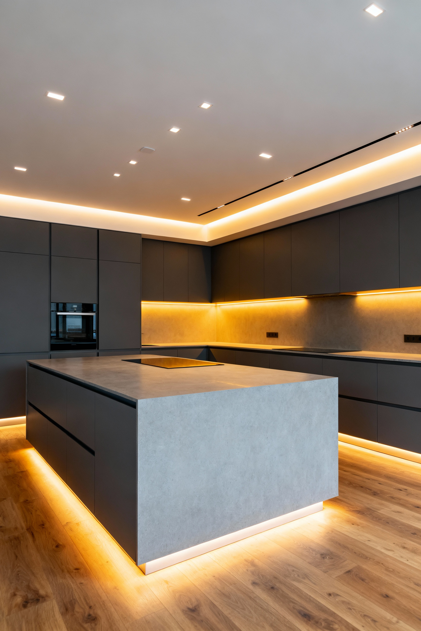 A high-end modern kitchen with handleless matte gray cabinets and a large quartz island, illuminated entirely by warm, circadian-tuned 2700K LED lighting infrastructure, illustrating automated smart lighting design.